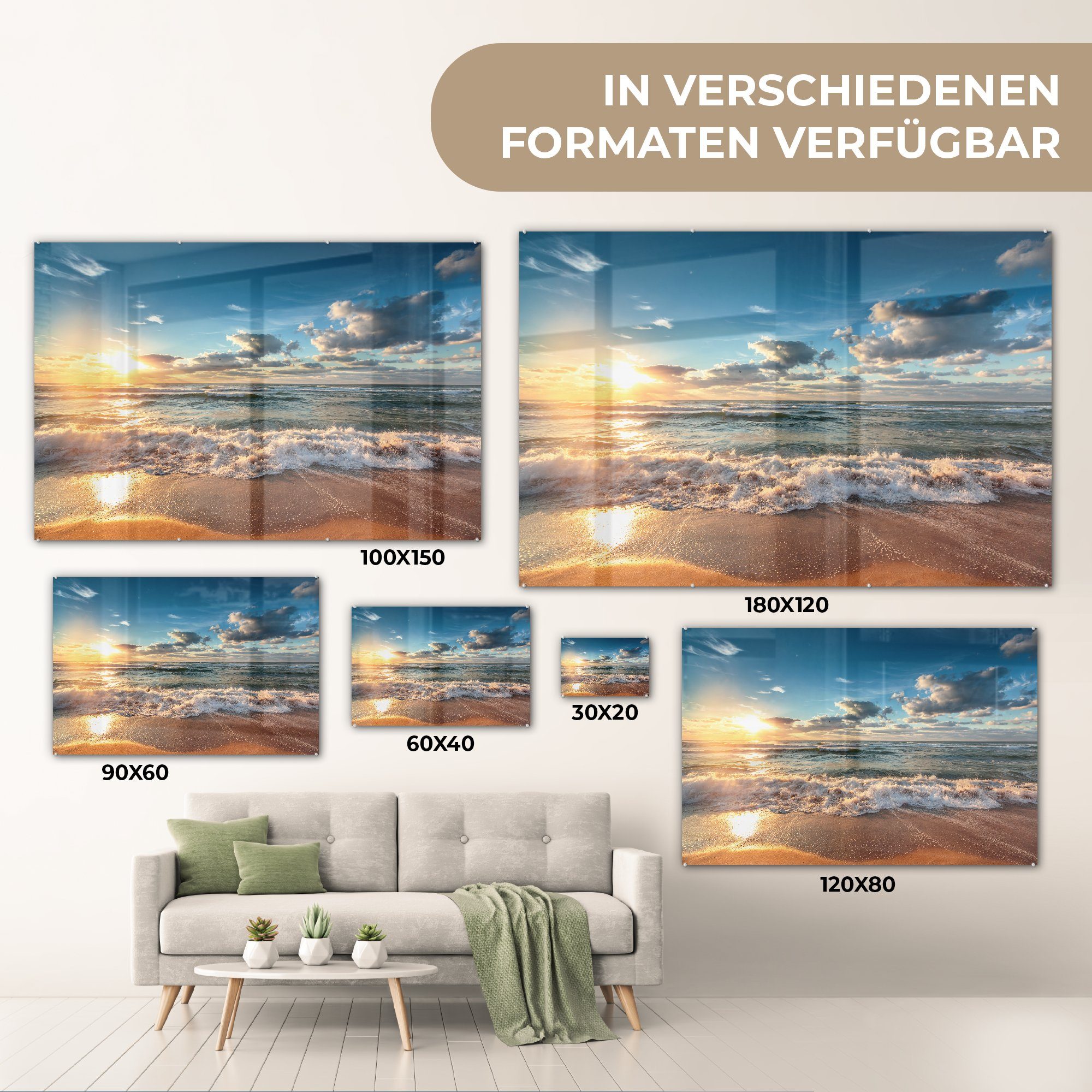auf Wanddekoration - Bilder Foto St), Sonnenuntergang, auf Strand - Glas MuchoWow - Glas - Meer - Acrylglasbild (1 Glasbilder Wandbild