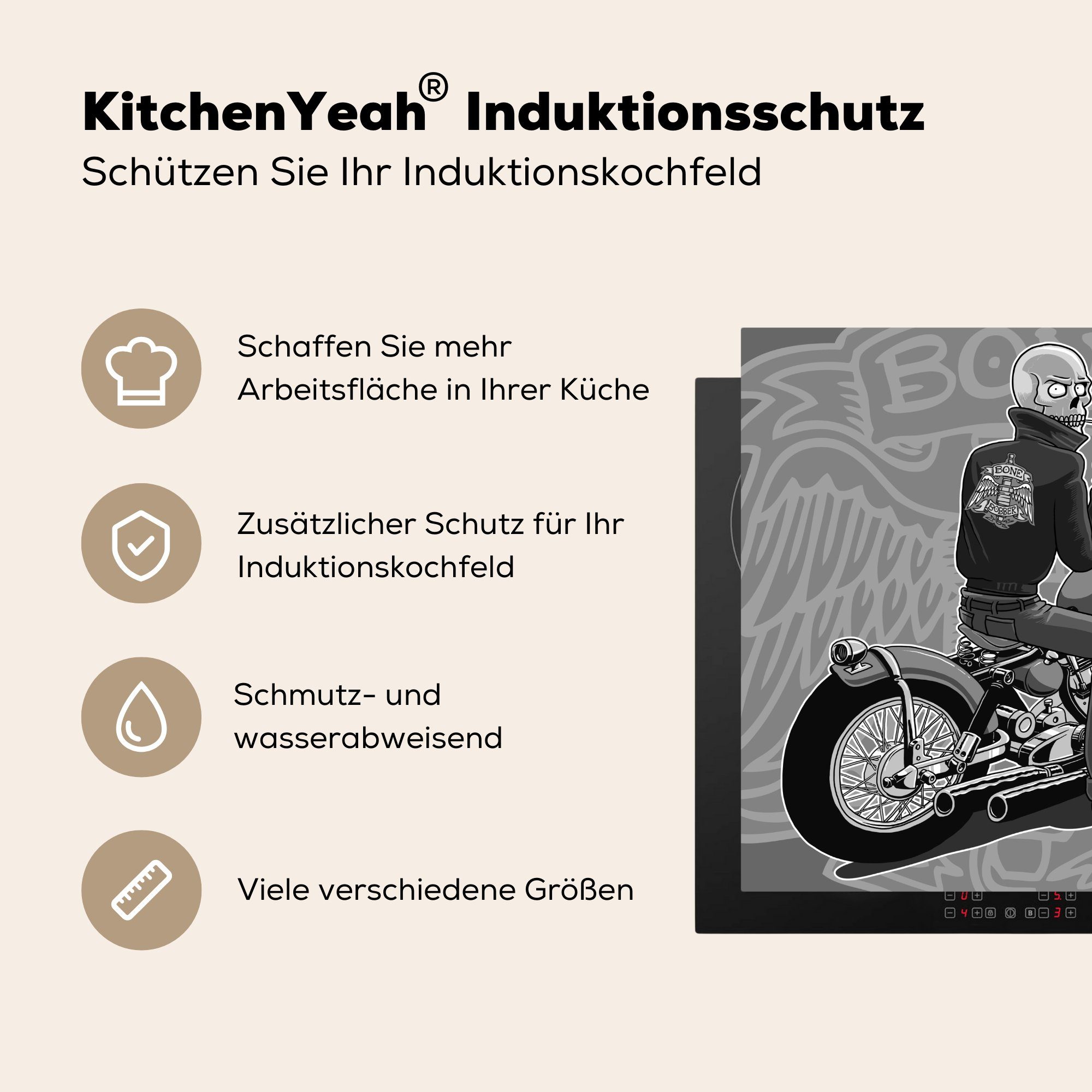 MuchoWow Herdblende-/Abdeckplatte Eine Illustration eines Ceranfeldabdeckung, küche 78x78 Bobber auf Arbeitsplatte roten cm, für tlg), Motorradfahrers -, einem (1 Vinyl
