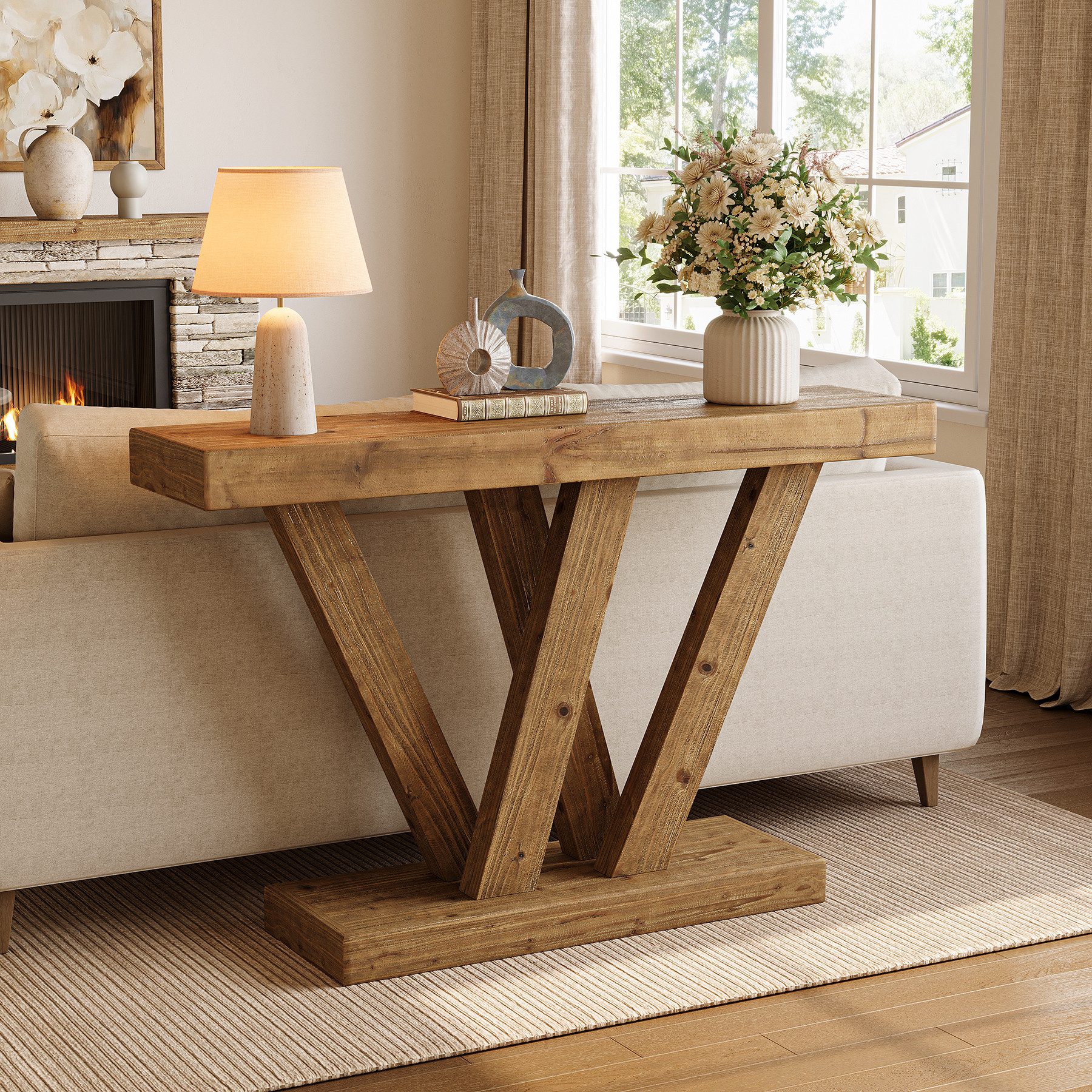 Tribesigns Konsolentisch Massivholz-Konsolentisch, 120 cm Eingang Sofatisch mit Doppel V-Form – Bild 2 von 5
