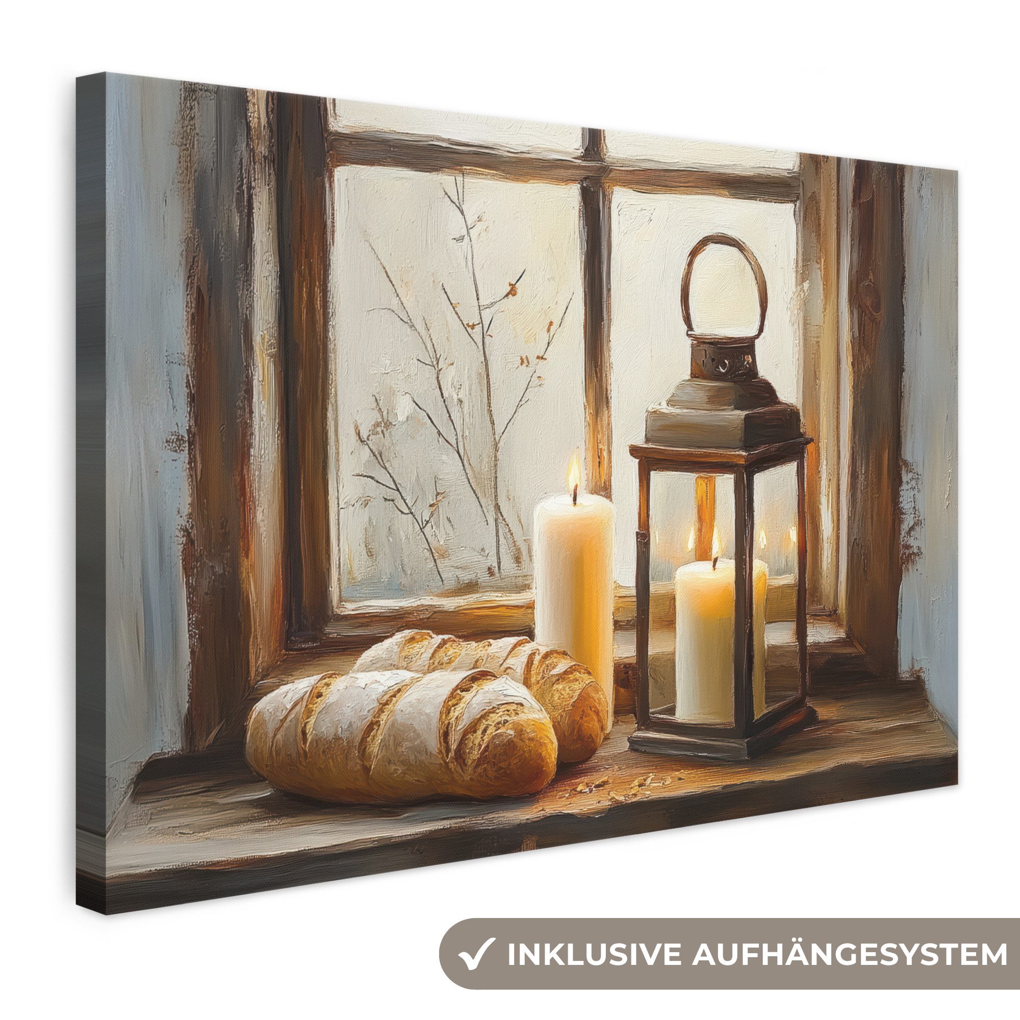 OneMillionCanvasses® Leinwandbild Stilleben - Rustikal - Kerzen - Brote - Fenster, Fotodruck (1 St), Leinwand Bilder Klein, Wand Dekoration Aesthetic 30x20 cm