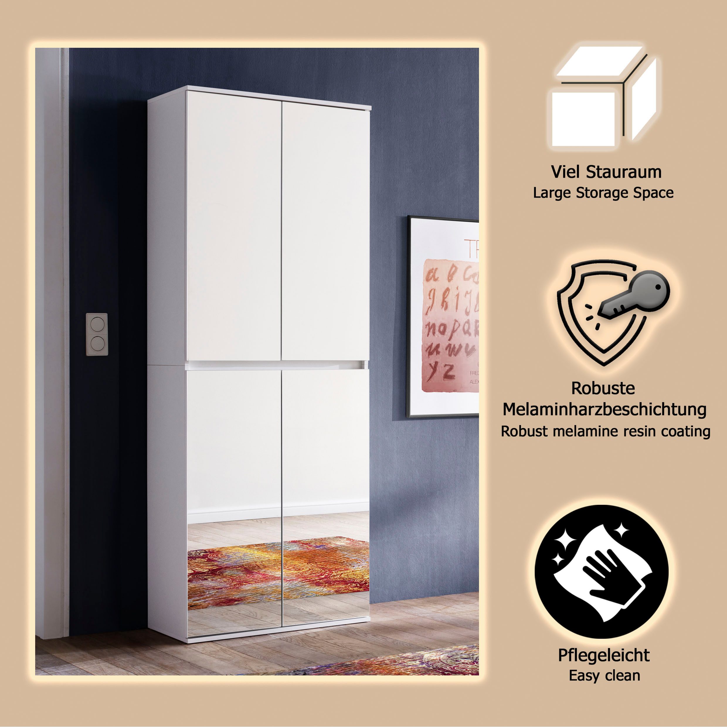 Home affaire Garderobenschrank Malcesine Garderobenschrank mit 4 Türen - (B/T/H) 74/34/191 cm – Bild 4 von 5