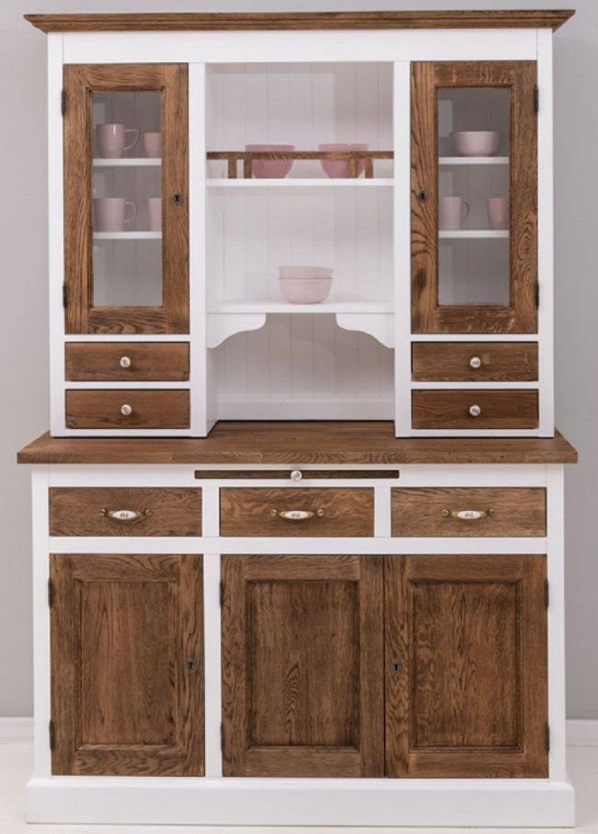 Casa Padrino Küchenbuffet Casa Padrino Landhausstil Esszimmerschrank Weiß / Dunkelbraun 137 x 50 x H. 197 cm - Massivholz Küchenschrank - Esszimmer Möbel im Landhausstil - Landhausstil Esszimmer Einrichtung