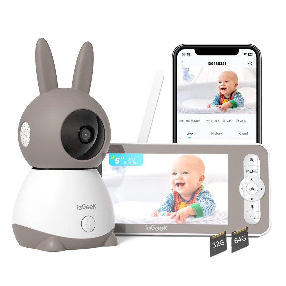 Video-Babyphone 5 Zoll Babyphone mit Kamera 2K/3MP 360 Gard WLAN Video Babyfon mit App