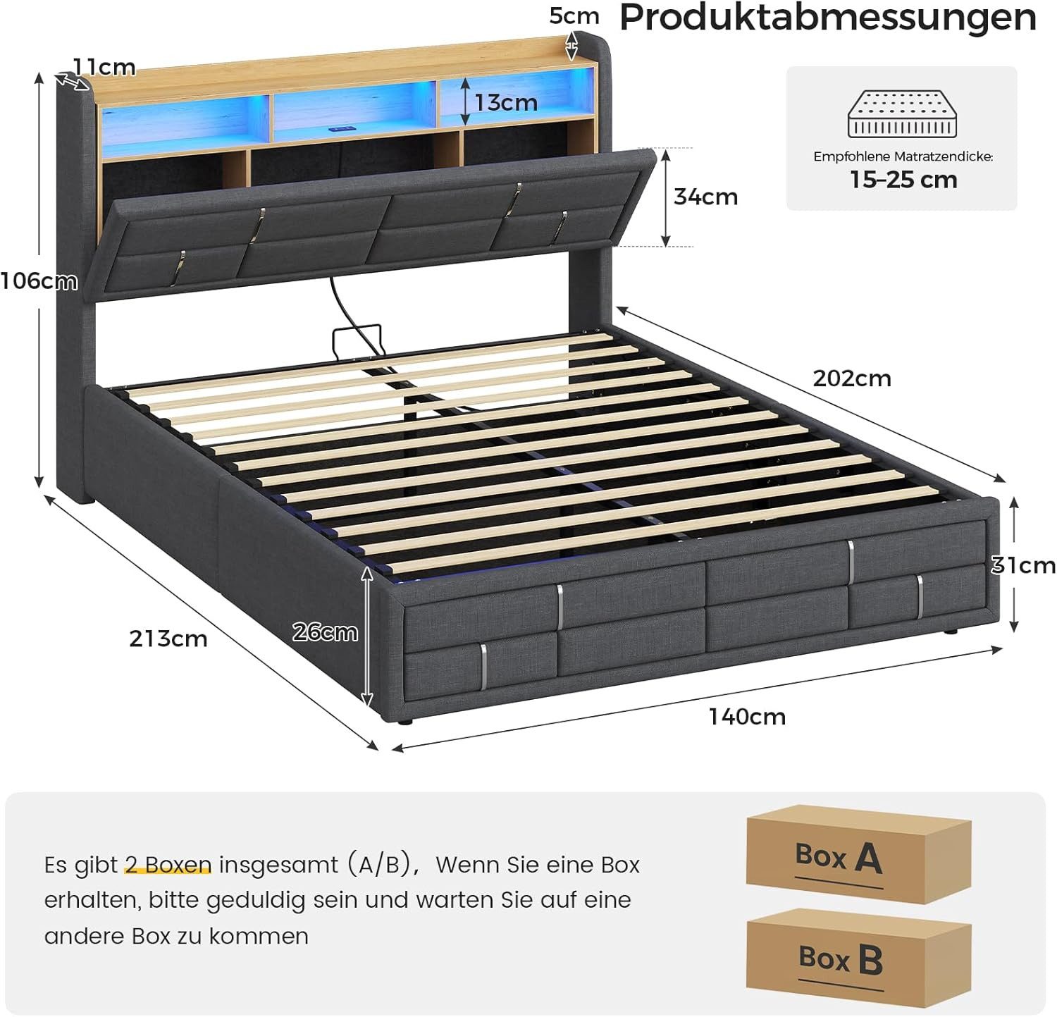 KIMENICH Polsterbett mit LED-Beleuchtung, Hydraulisches Stauraumbett (Ohne Matratze), mit Steckdosen, offenem Regal & verstecktem Stauraum, 140x200cm
