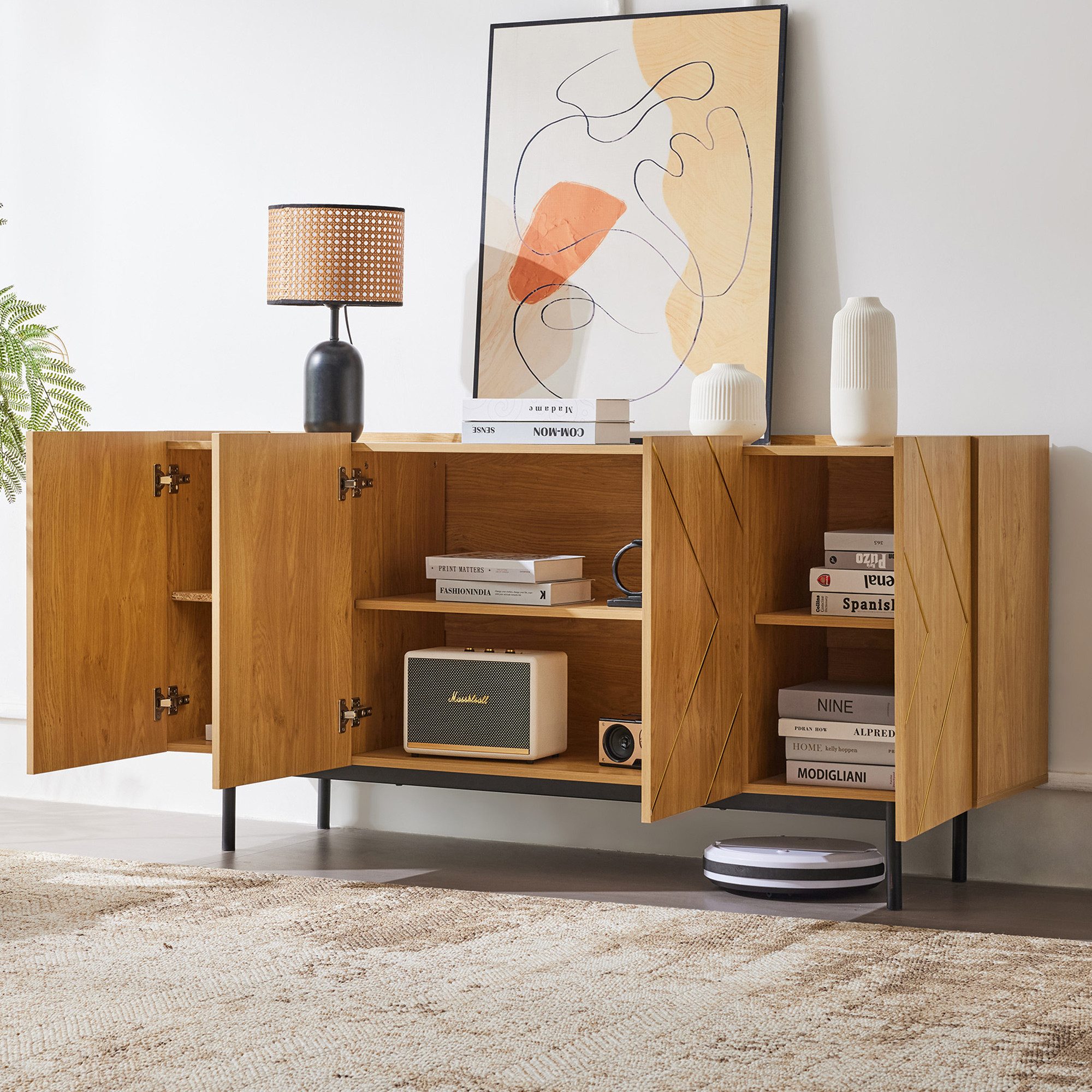 Flieks Sideboard mit 4 Türen (B160/T40/H78 cm, 1 St., für Wohnzimmer, Schlafzimmer, Esszimmer, Flur), Mehrzweckschrank mit verstellbare Einlegeböden Holzoptik,  – Bild 2 von 5