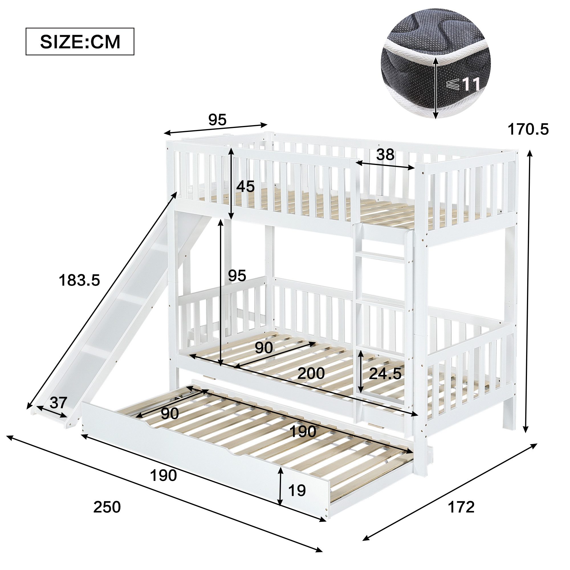 Flieks Etagenbett, Dreierbett Kinderbett 90x200cm mit Ausziehbett 90x190cm günstig online kaufen