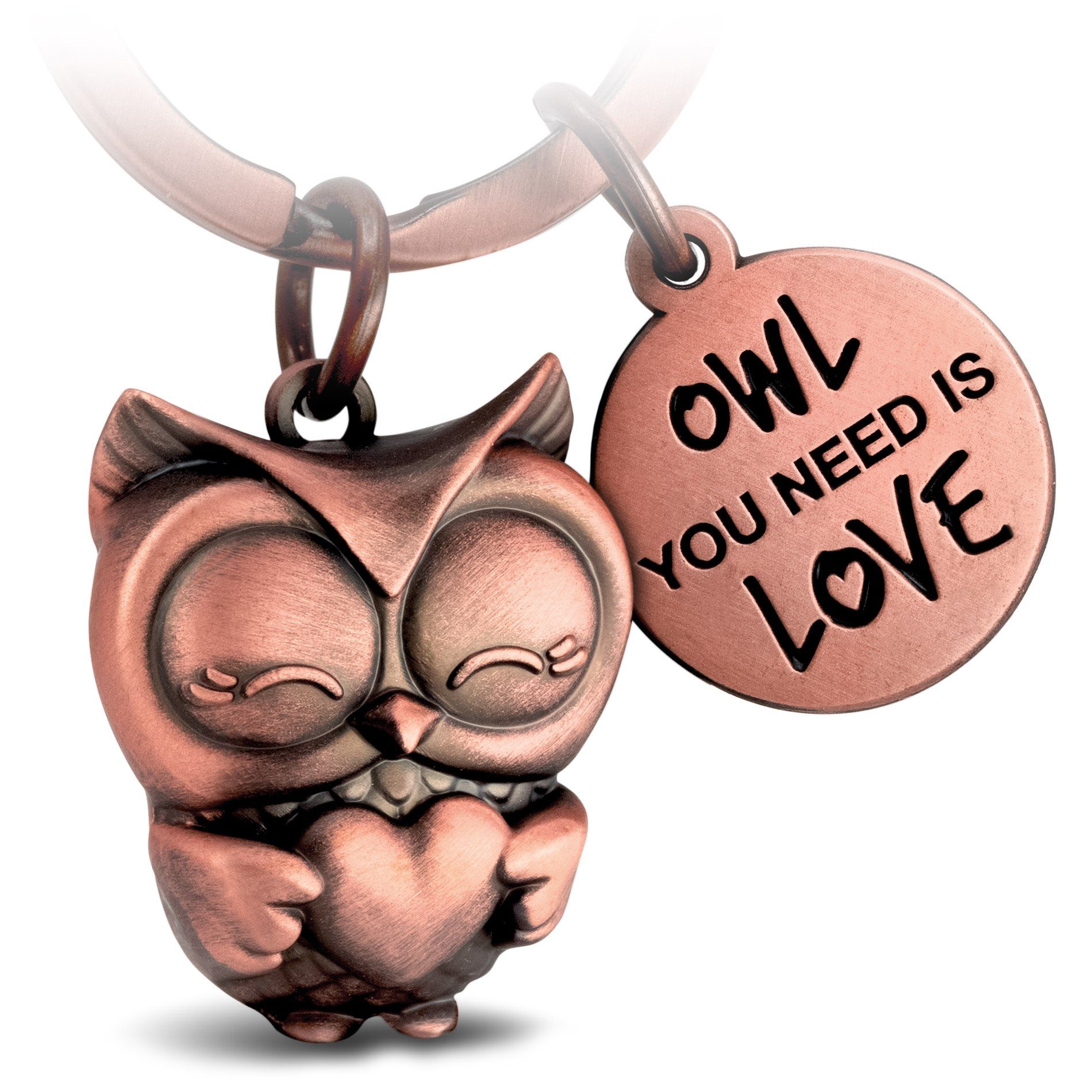 FABACH Schlüsselanhänger Eule Owly mit Herz - Gravur Owl You Need is Love - Liebe Glücksbringer Antique Roségold | Schlüsselanhänger