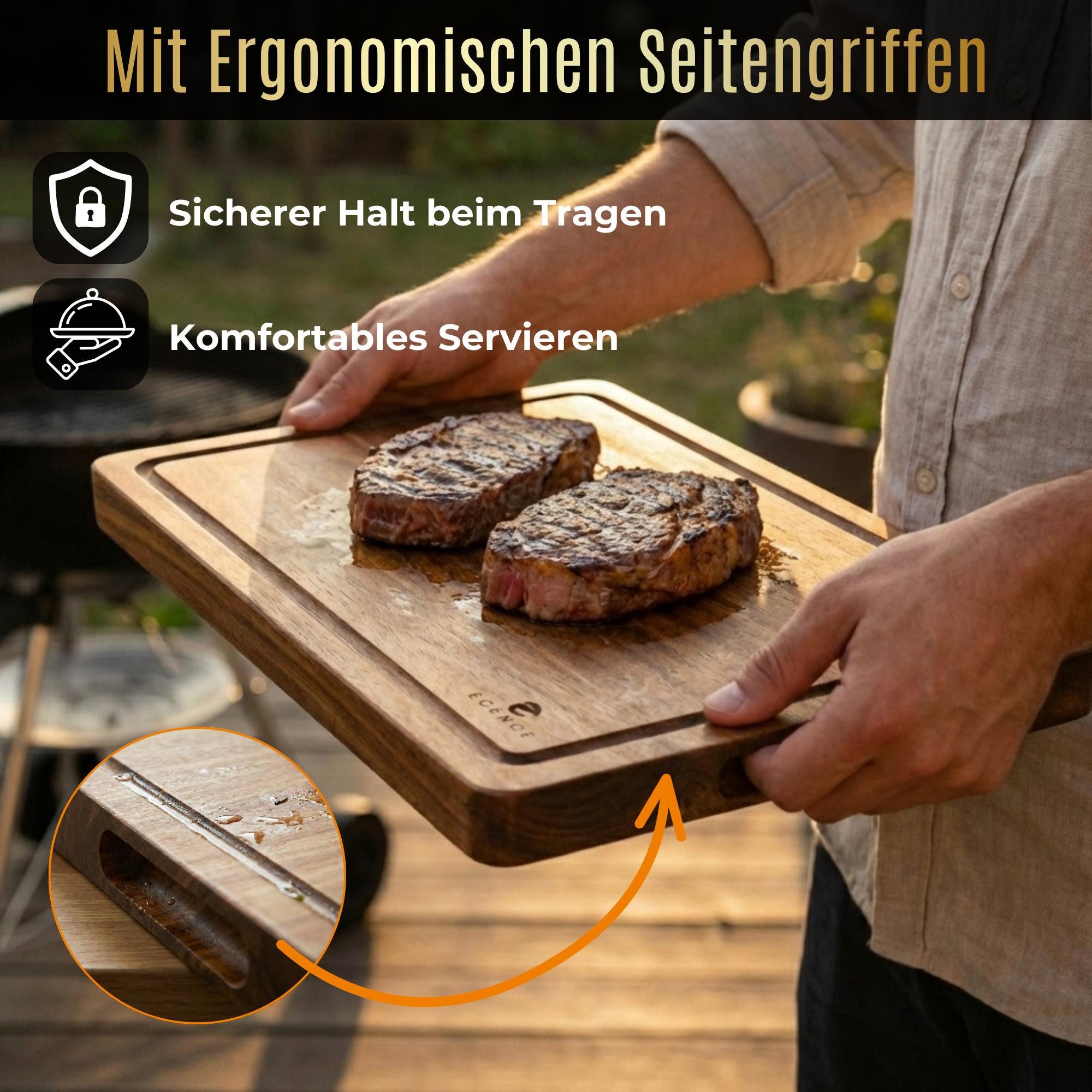 ECENCE Schneidebrett Holz - hochwertiges Küchenbrett aus Akazienholz, Akazienholz, 40x30x3cm, beidseitig nutzbar mit Saftrille & Griffmulden – Bild 4 von 5