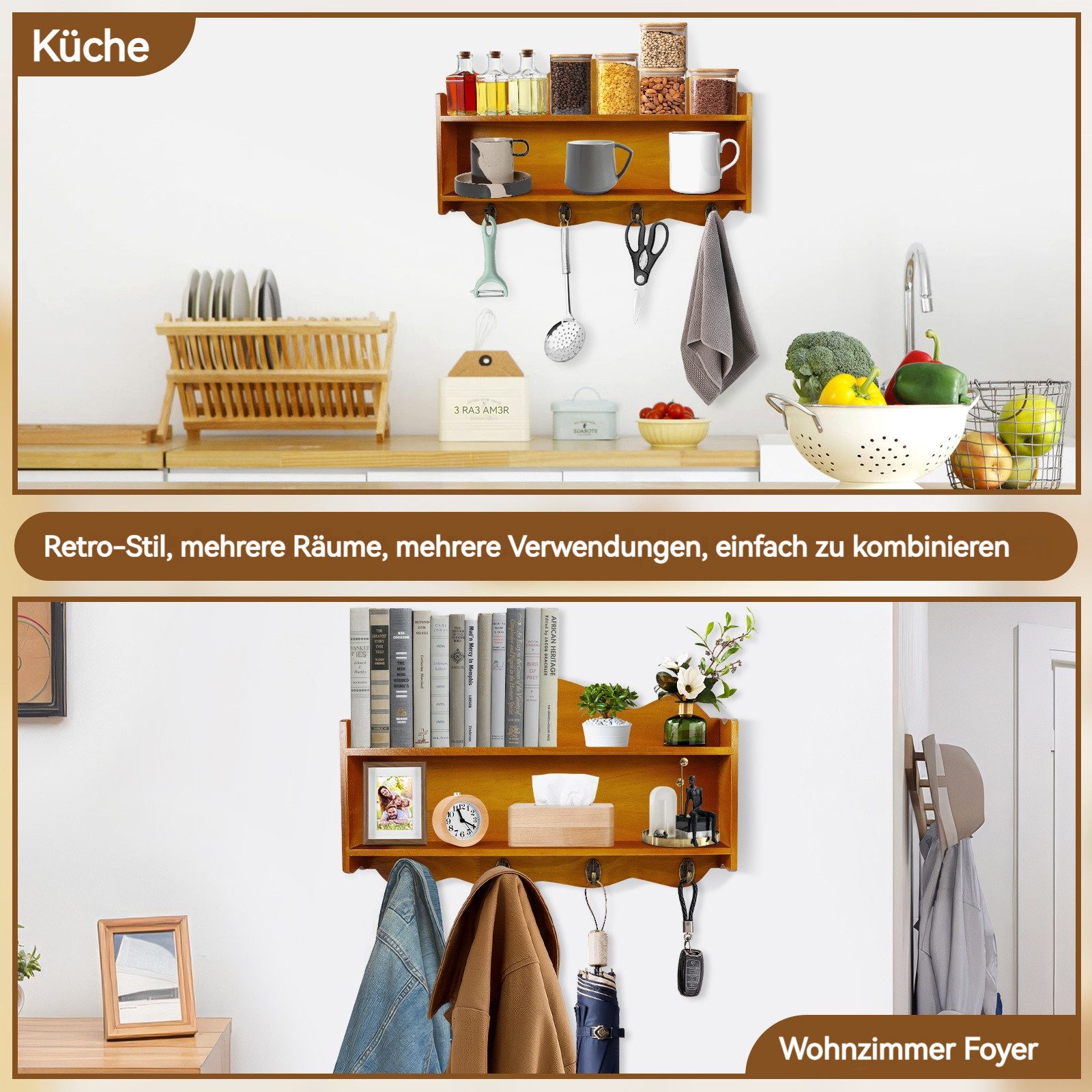 BlingBin Gewürzregal Wandregal Holz mit 2 Ablagen & 4 Haken, Rustikales Küc günstig online kaufen