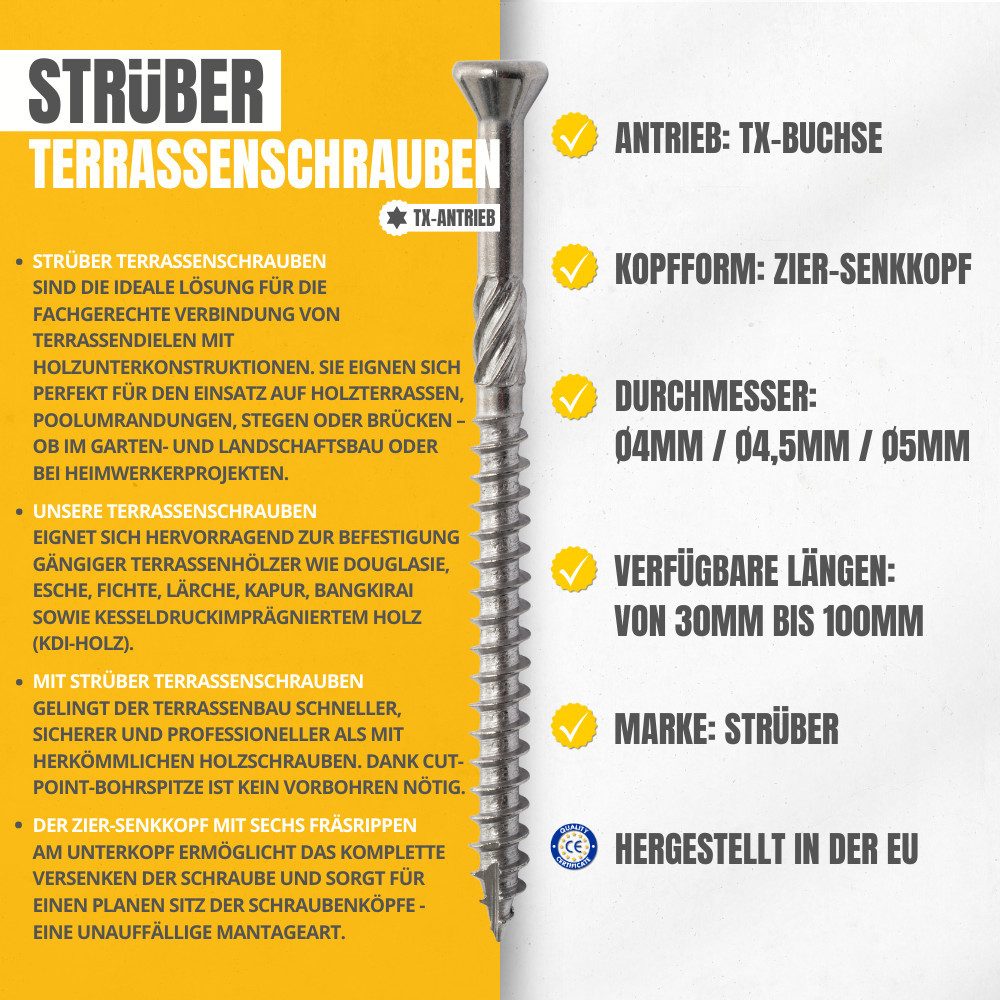 STRÜBER Terrassenschraube STRÜBER Terrassenschrauben mit Zier-Senkkopf & TX-Antrieb Edelstahl