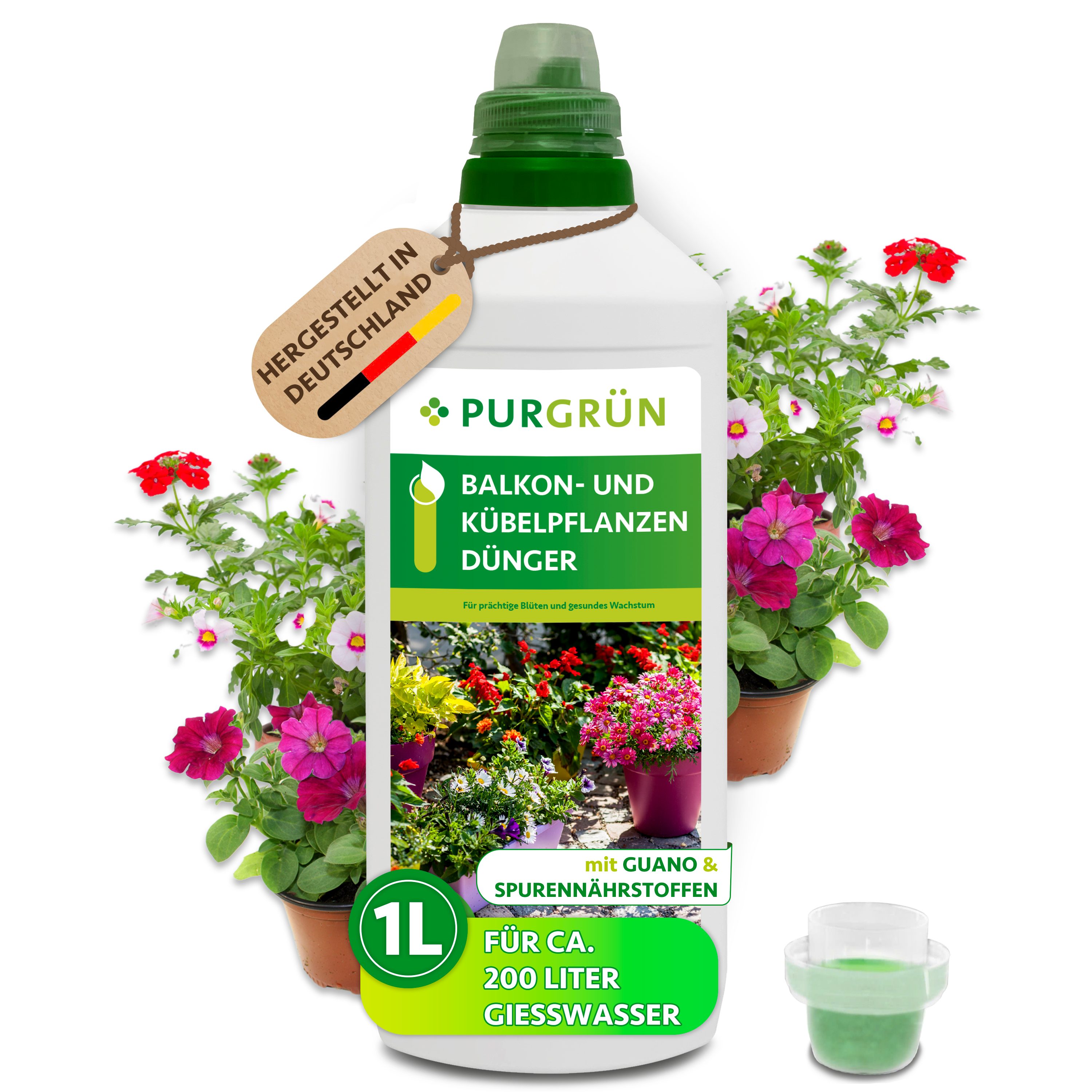 Purgrün Universaldünger Kübelpflanzendünger, NPK 5+7+8, Guano, Blütenpflege, 1L, Flüssigdünger, 1-St., 1 Liter