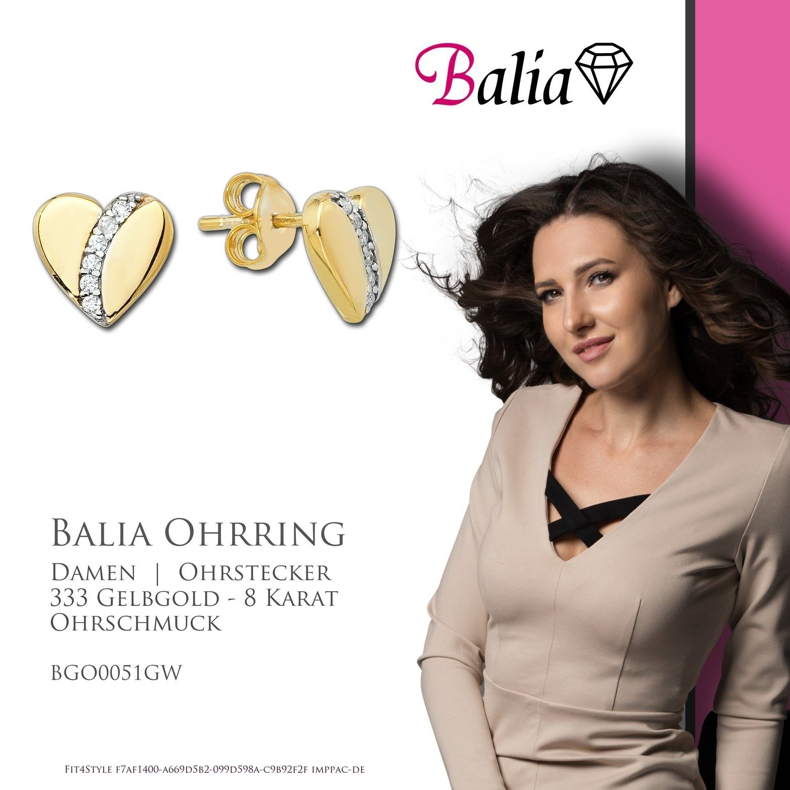 Gelbgold Balia Ohrstecker (Ohrstecker), Ohrstecker Farbe: weiß, Damen für Balia 8 (Herz) gold Gold Paar - aus Ohrstecker 333 8K Karat,