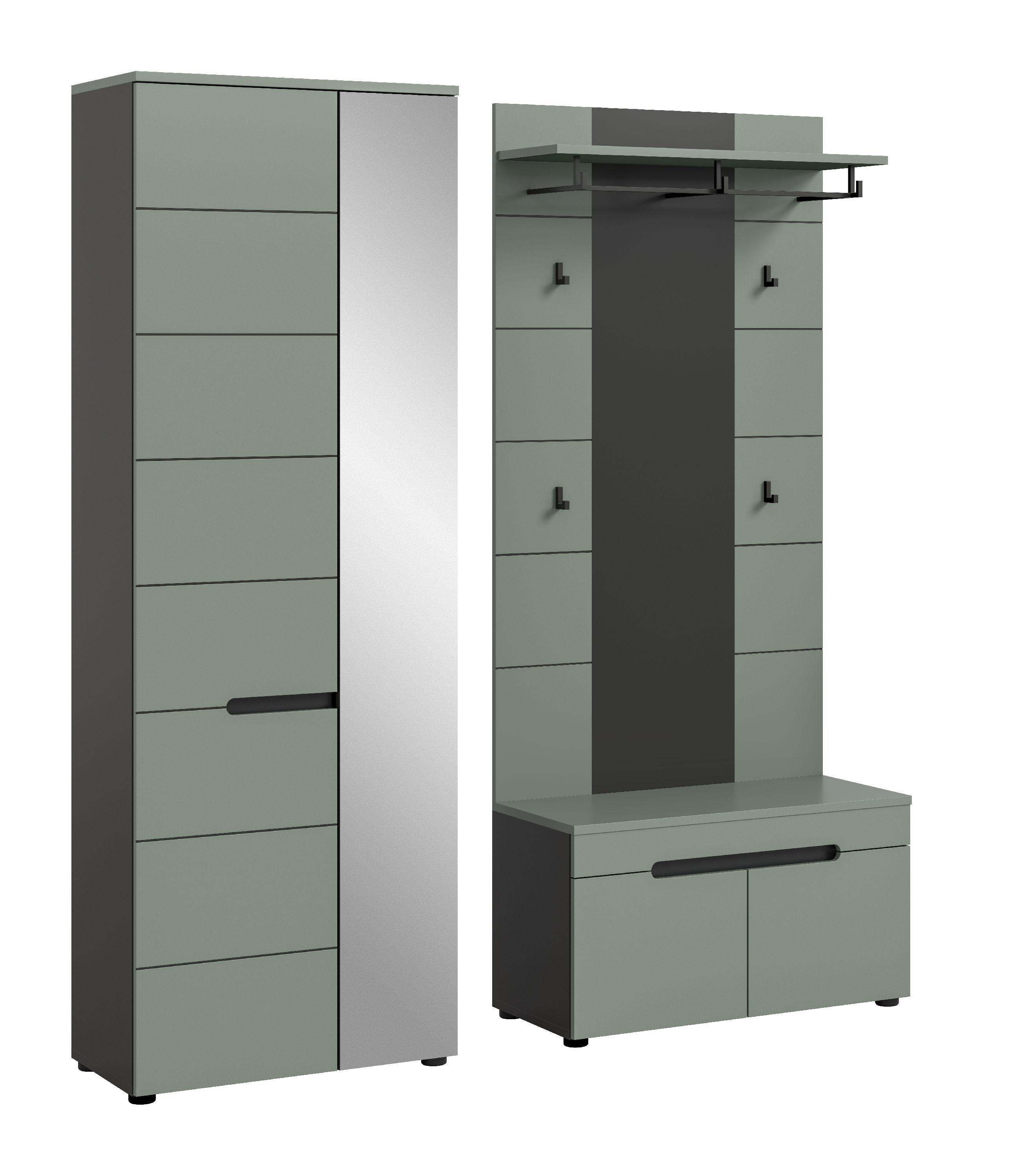 xonox.home Garderoben-Set, (3tlg. Set inkl. Garderobenschrank, Sitzbank, Paneel), Smoke Green Melamin beschichtet modern 160x190x37 cm