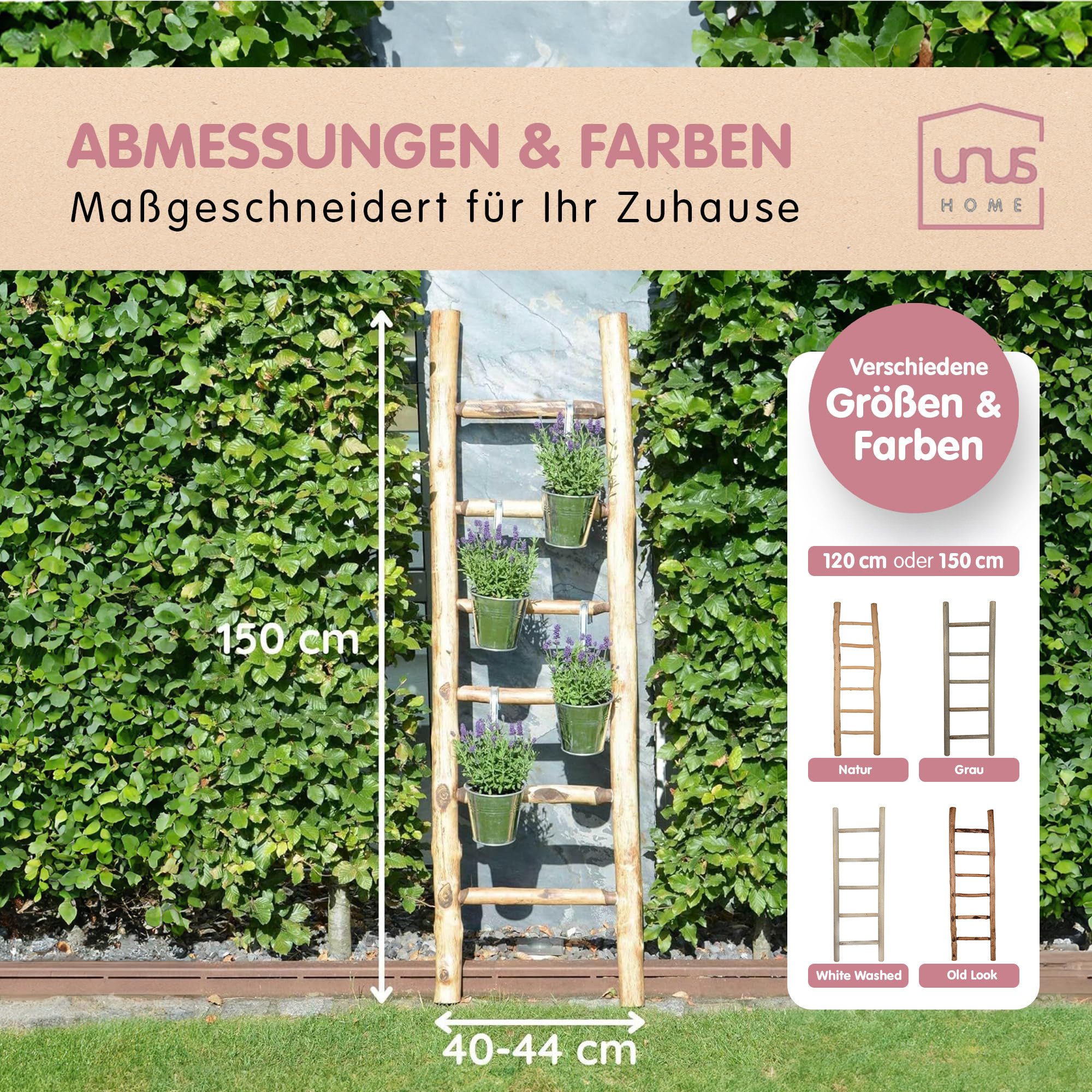UNUS HOME Regalleiter Deko-Holzleiter (120cm, naturfarben), Dekoleiter, Gartendeko, Pflanzenhalter, Handtuchleiter, Holzleiter