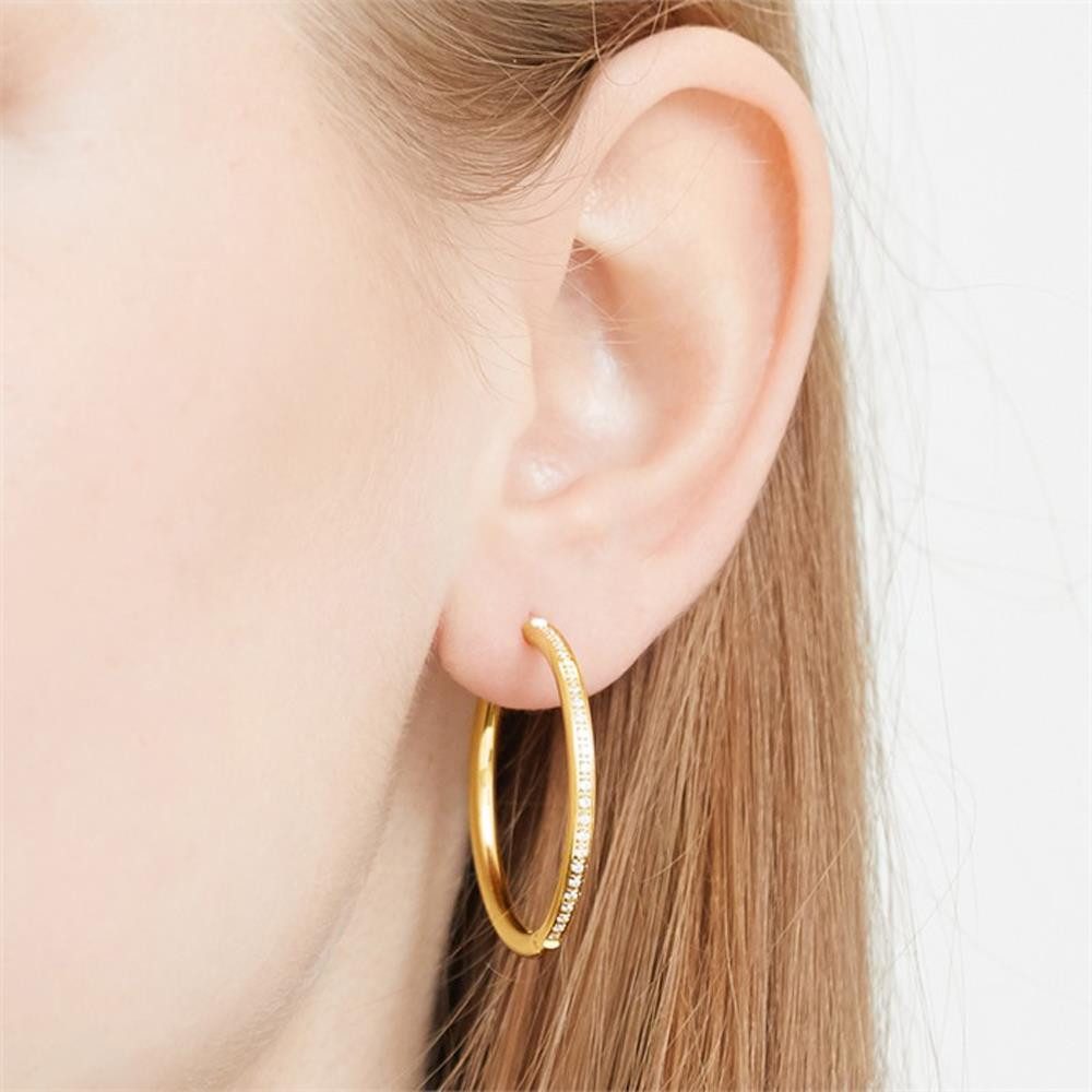 Unique Paar Creolen Edelstahl in Gold mit Zirkonia 3 cm Durchmesser E5119-30