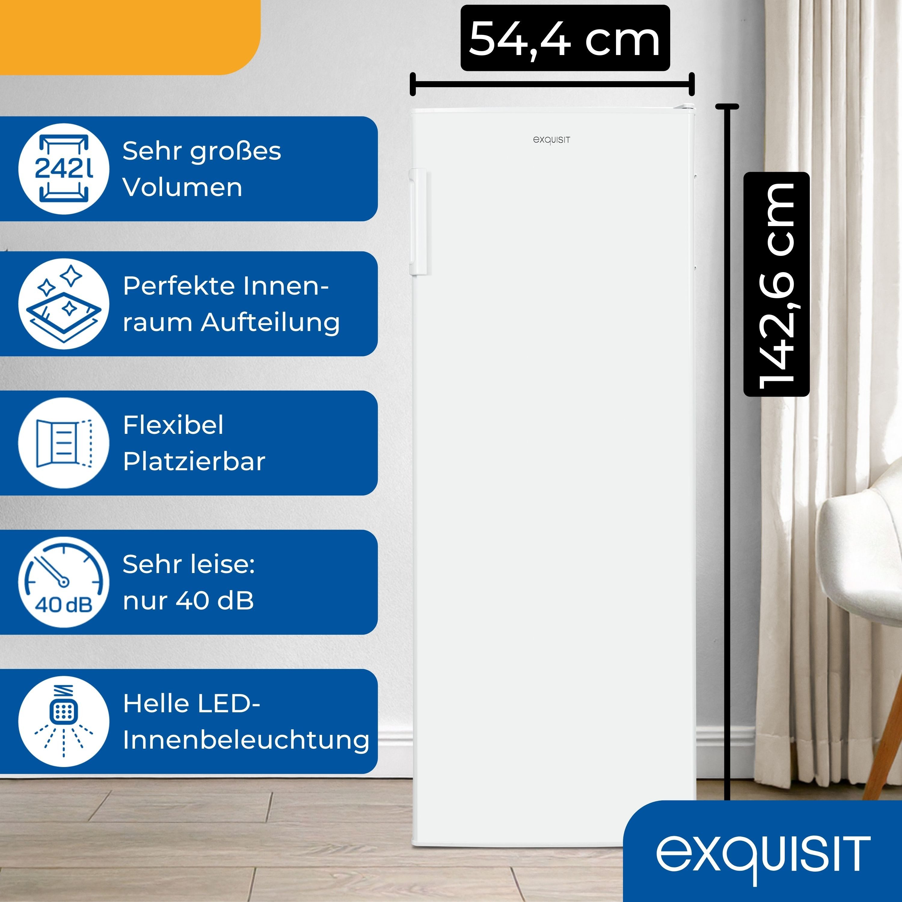 exquisit Vollraumkühlschrank KS5320-V-H-040E, 142.6 cm hoch, 54.4 cm breit, 242 Liter, 5 Glasablagen, 4Türablagen, 40 db, Türanschlag wechselbar