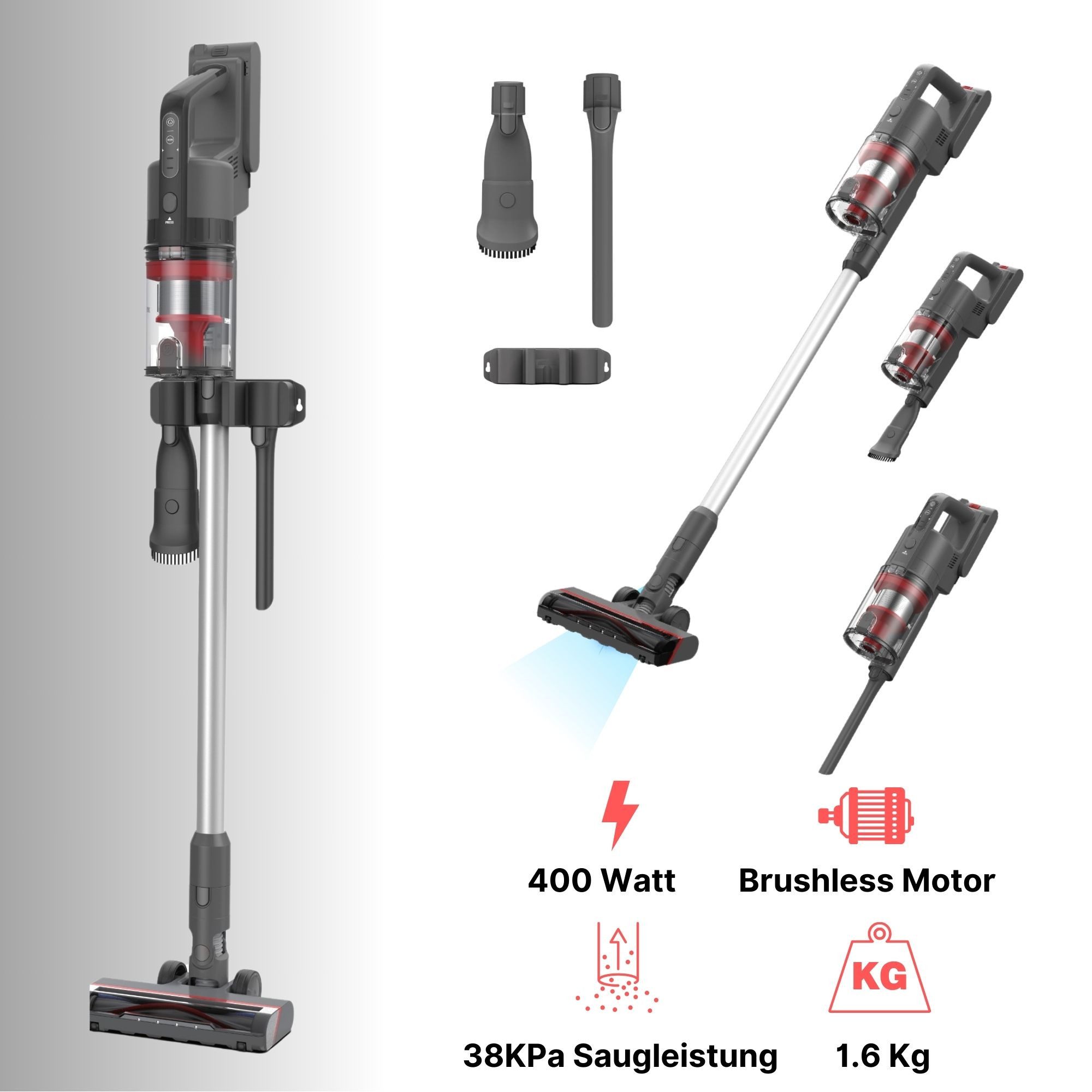 KB Elements Hand-und Stielstaubsauger Kabelloser Staubsauger, Akku Staubsauger, Stielstaubsauger akku, 400,00 W, Beutellos, Beutellos, Bürstenloser Motor, 90-180 grad Bodenbürste, 1,6 Kg