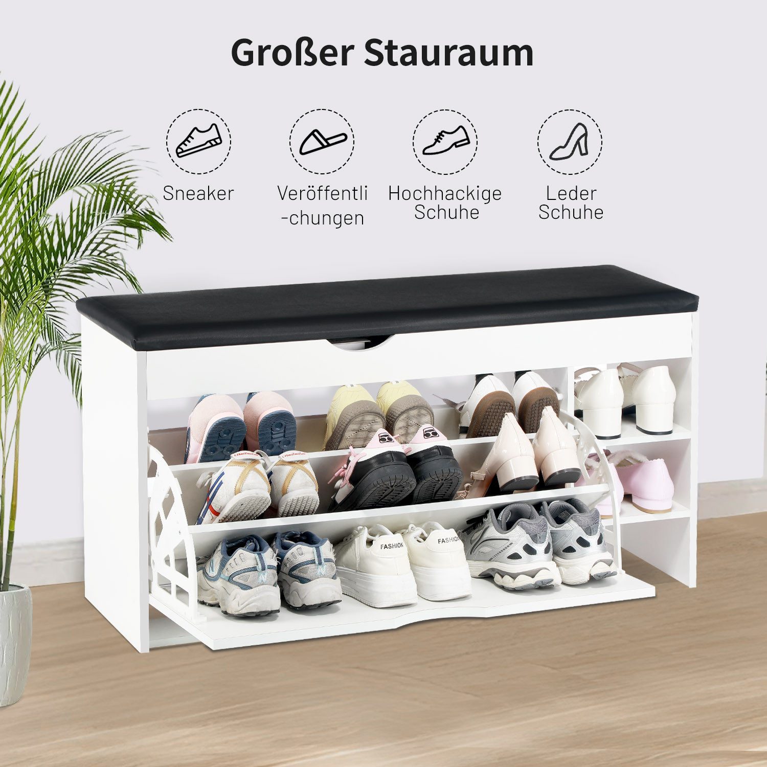 oyajia Schuhbank Sitzbank mit Stauraum, 2 offene Fächer, bis 140kg belastbar (1 Tür und 2 Fächer, mit Sitzkissen, Platz Hausschuhe, Lederschuhe, High Heels, Spo – Bild 3 von 5