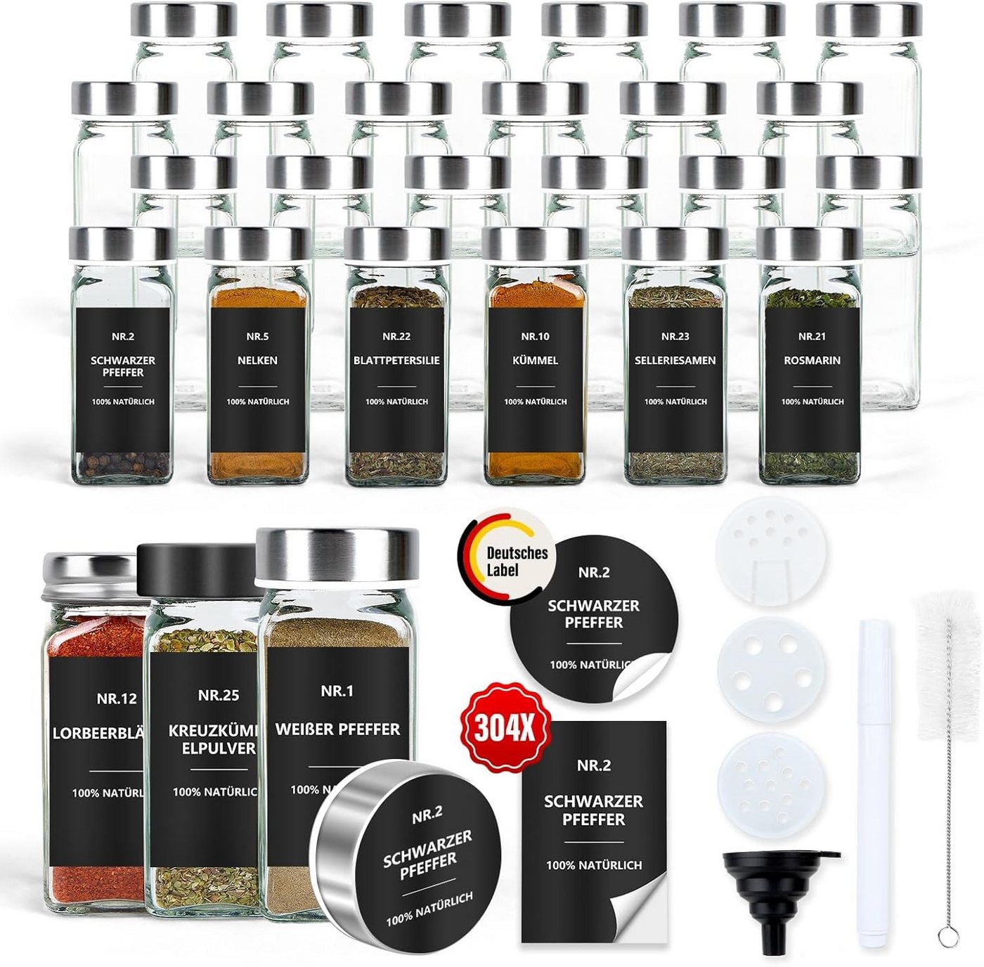 BBWL Pfefferstreuer Gewürzgläser Set eckig 120 ml mit Zubehör, 12er, 24er oder 36er Set, (24-tlg), luftdichte Gewürzdosen aus Glas mit Etiketten für Schubladen&Organizer