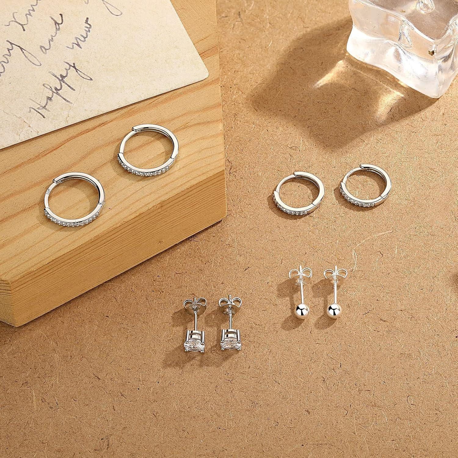 LuxusKollektion Ohrring-Set 4 Paar Ohrstecker Silber 925 Set Damen Creolen 4/5/10/12mm Zirkonia – Bild 3 von 5