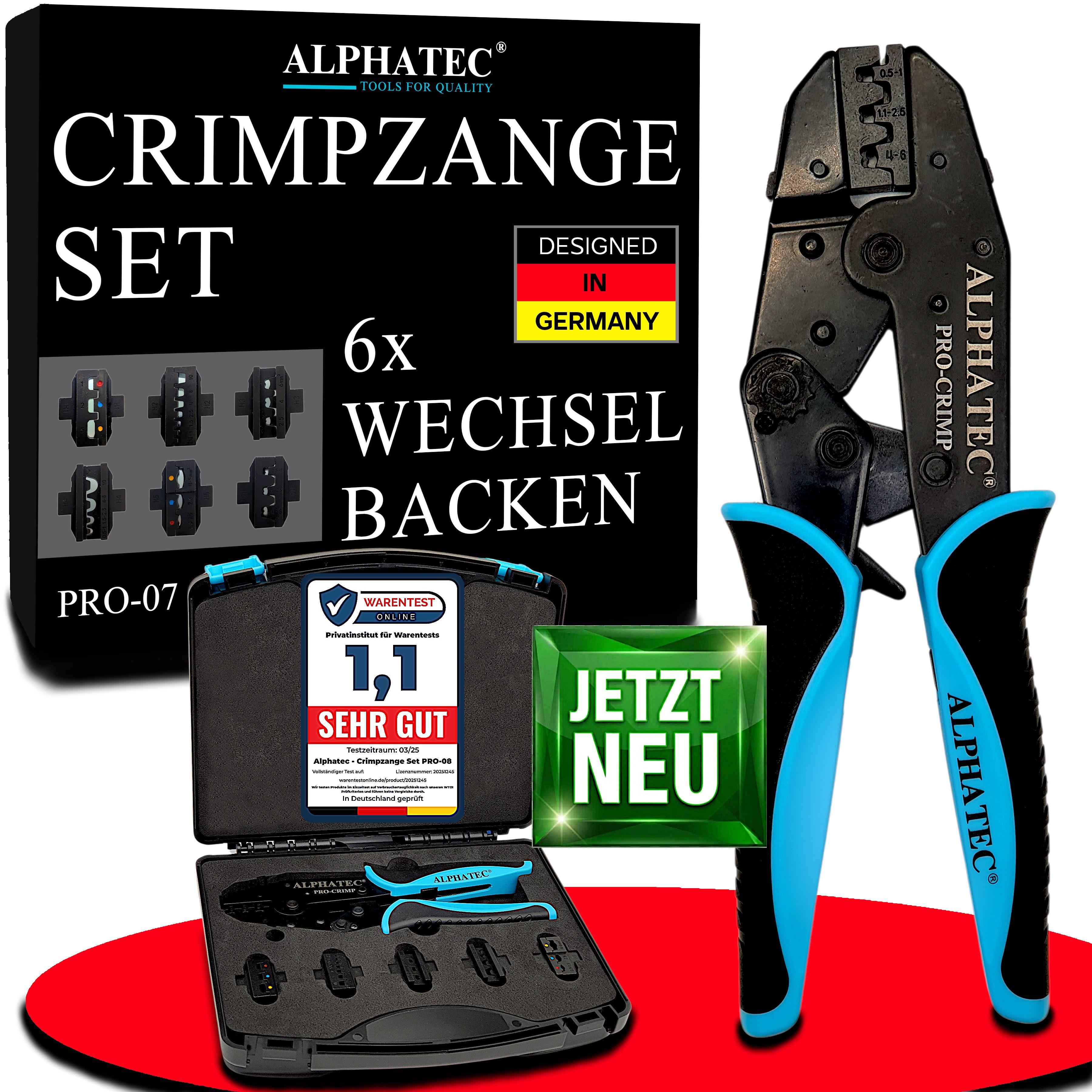 ALPHATEC® Crimpzange Crimpzangen Set mit Wechselbacken inkl. Abisolierzange 0,25-10mm² 8tlg, Kabelschuhe, Aderendhülsen, Flachstecker, Quetschverbinder, MC4, Solar