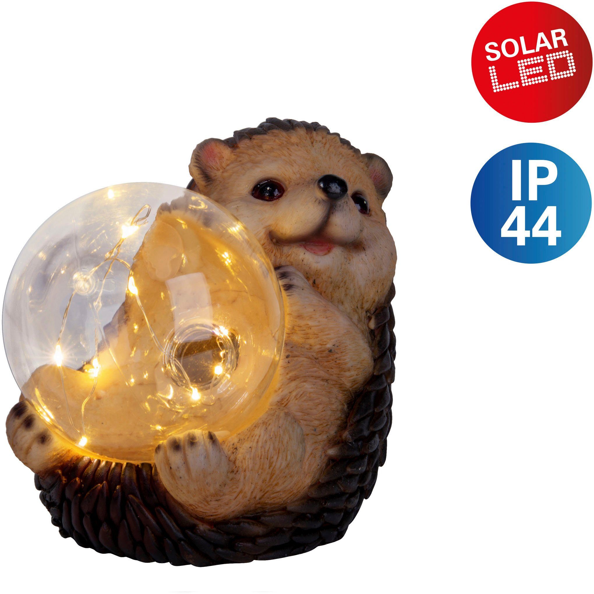 fest Licht LED Solarleuchte süßer LED mit Igel, Warmweiß, braun/beige, in warmweißes näve integriert, Kugel Igel beleuchteter
