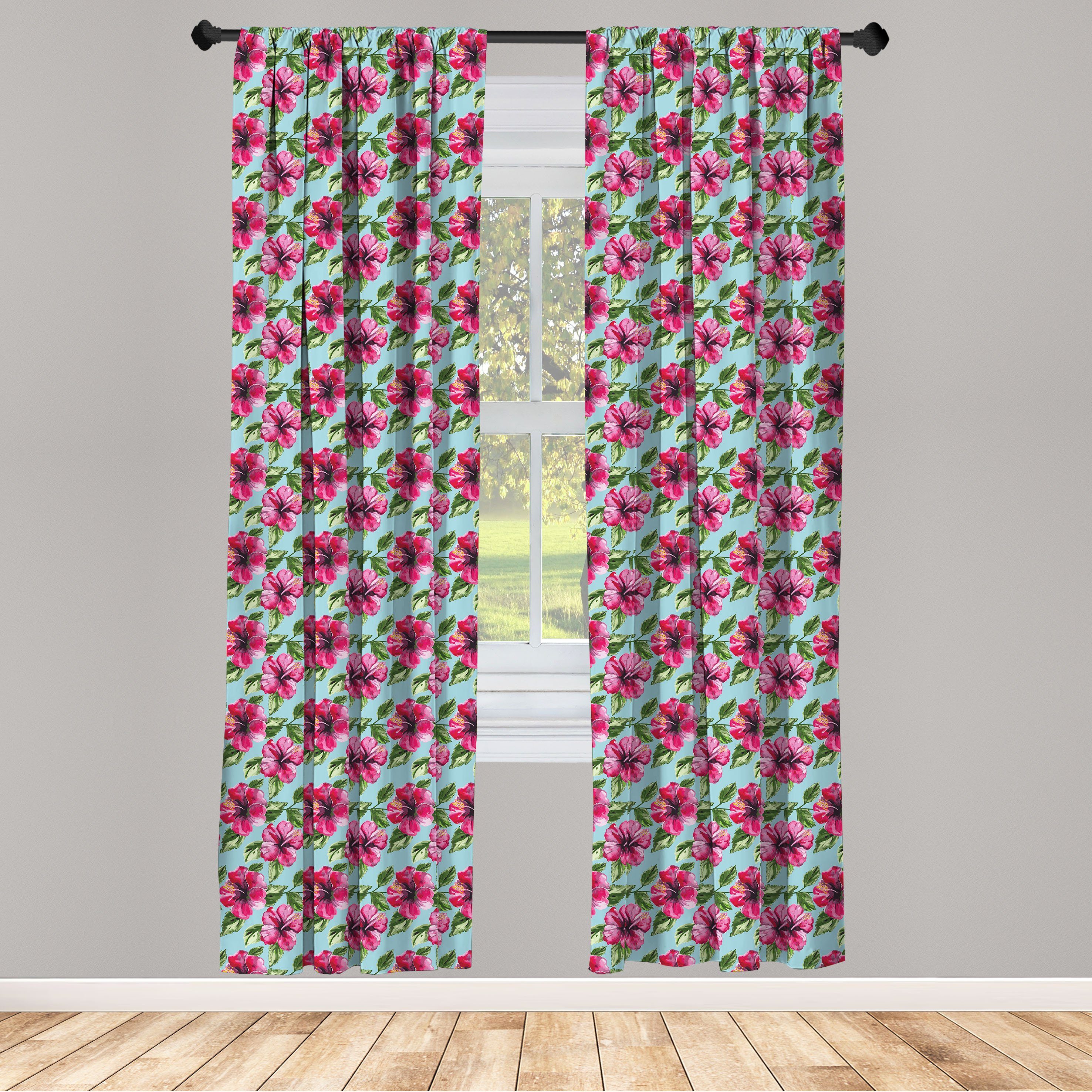 Gardine Vorhang für Wohnzimmer Schlafzimmer Dekor, Abakuhaus, Microfaser, Aquarell Tropical Hibiscus Szene