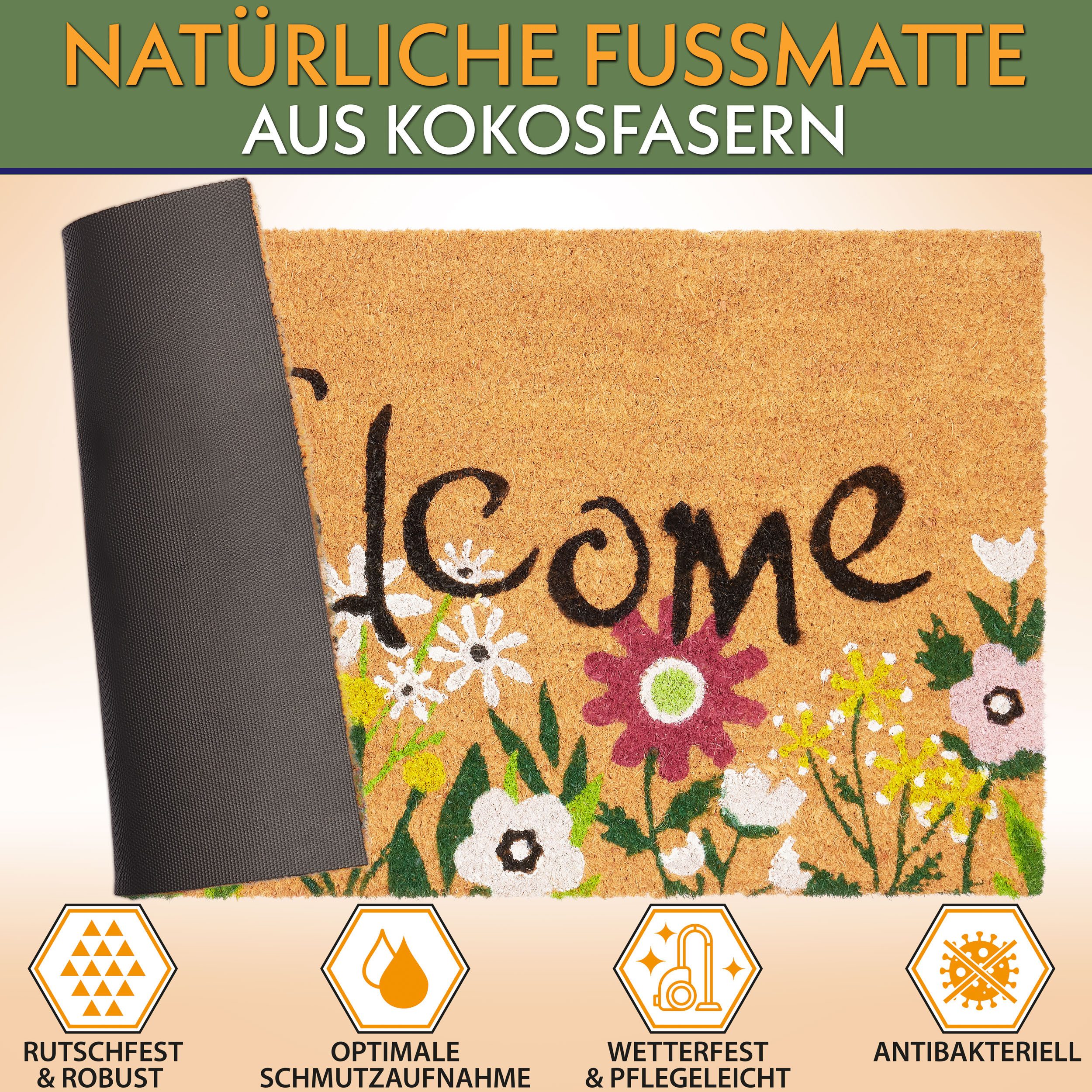 BRUBAKER Fußmatte Blumen und Pflanzen - 45 x 75 cm Schmutzfangmatte - Kokos Fußabtreter, Rechteckig, Höhe: 16 mm, Antirutsch Türmatte für Außen und Innen - Wett – Bild 2 von 5