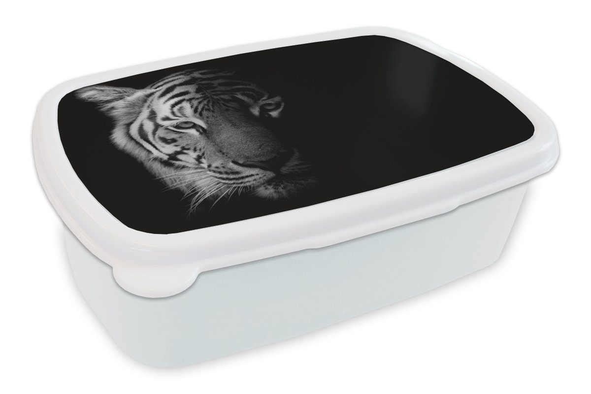 MuchoWow Lunchbox Tiger - Tiere - Wild - Schwarz - Weiß, Kunststoff, (2-tlg), Brotbox für Kinder und Erwachsene, Brotdose, für Jungs und Mädchen