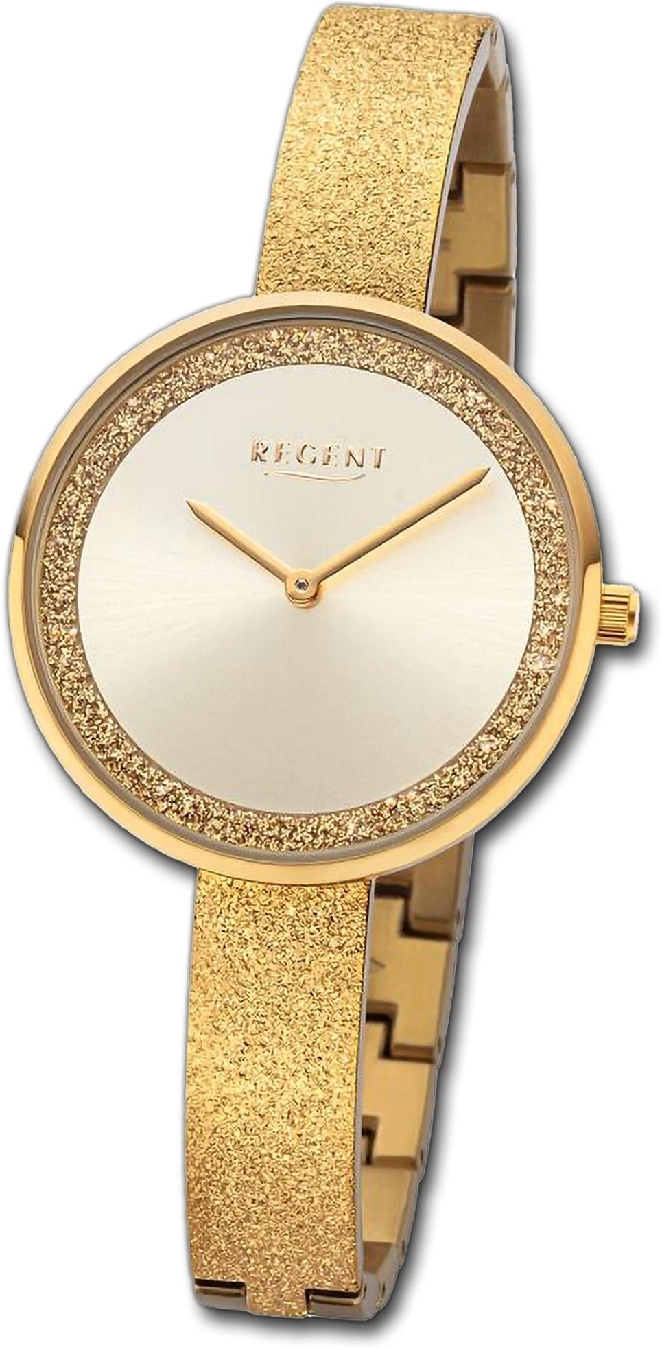 Regent Quarzuhr Regent Damen Armbanduhr Analog, Damenuhr Metallarmband gold, rundes Gehäuse, extra groß (ca. 34mm)