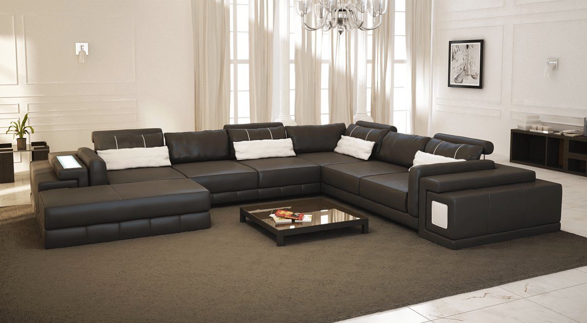JVmoebel Ecksofa, Ledersofa U-Form Couch Wohnlandschaft Ecksofa Design Modern Sofa Schwarz