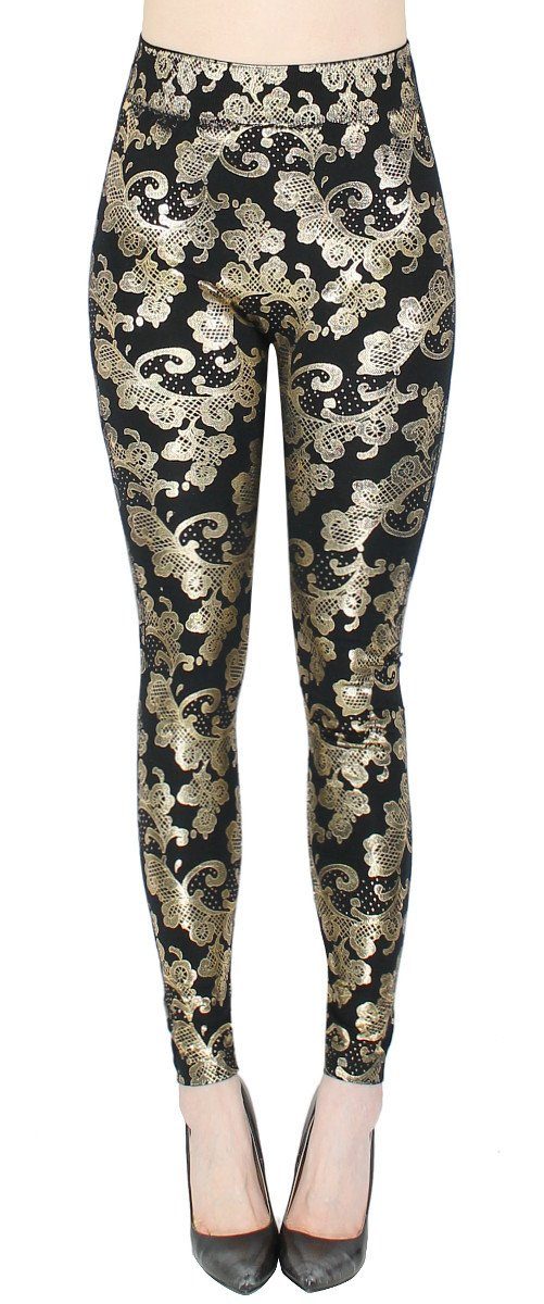 dy_mode Highwaist Leggings Damen Leggings Schwarz mit Glanz Wet-Look Druck Muster Frauen Leggins elastischem Bund