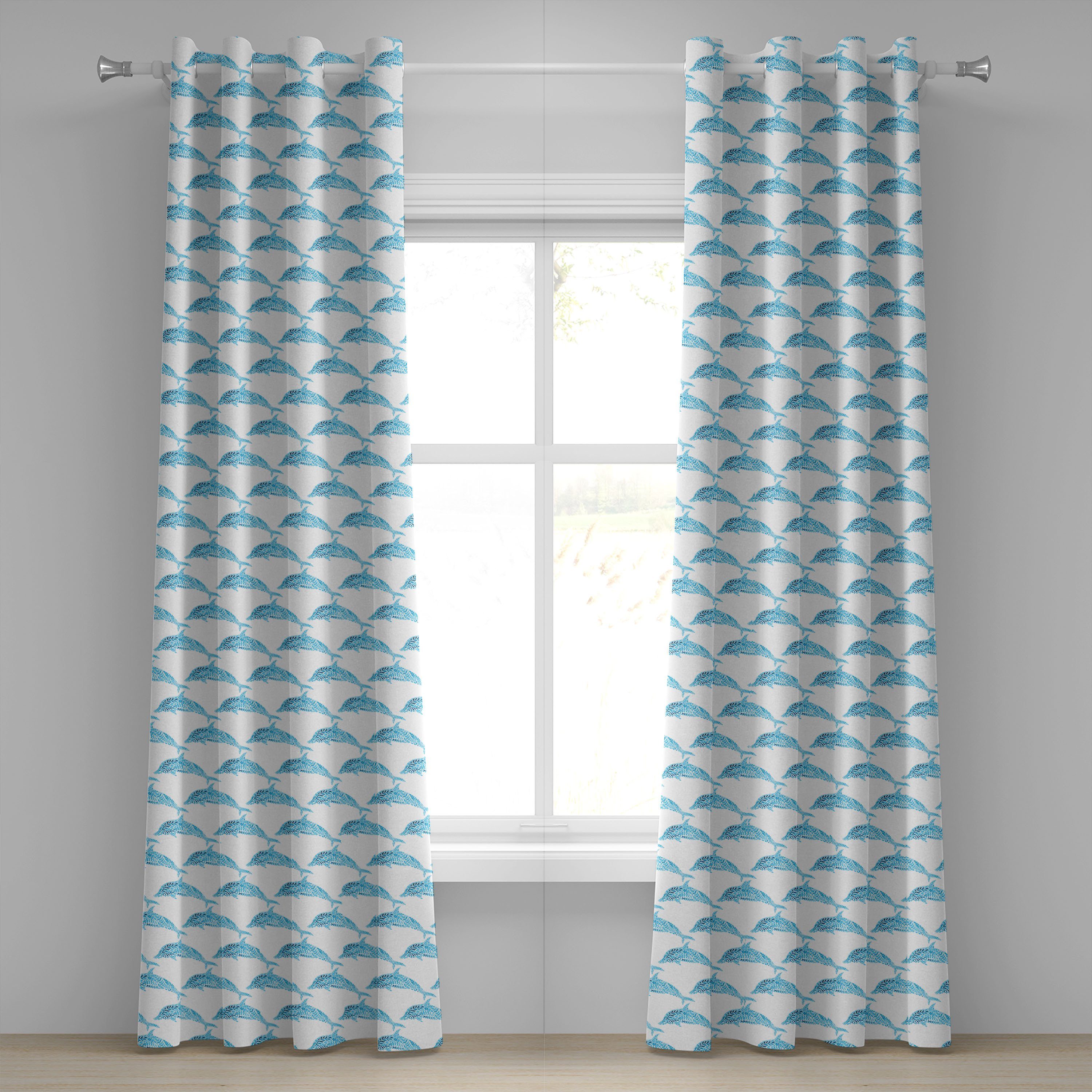 Gardine Dekorative 2-Panel-Fenstervorhänge für Schlafzimmer Wohnzimmer, Abakuhaus, Meer Aqua Dolphins Leaves