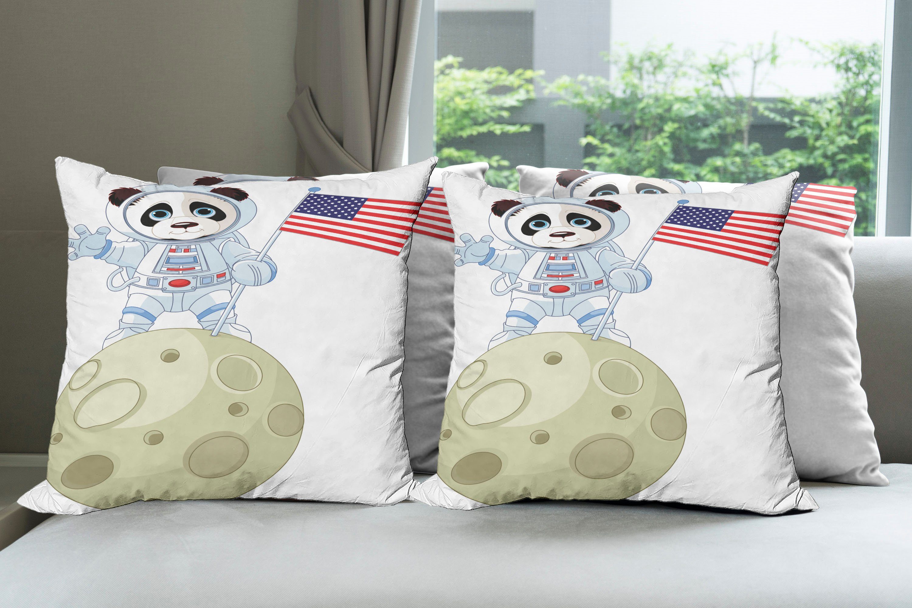 Doppelseitiger Stück), Panda Kissenbezüge (4 Modern Abakuhaus Astronaut Mond-Karikatur auf Digitaldruck, Accent