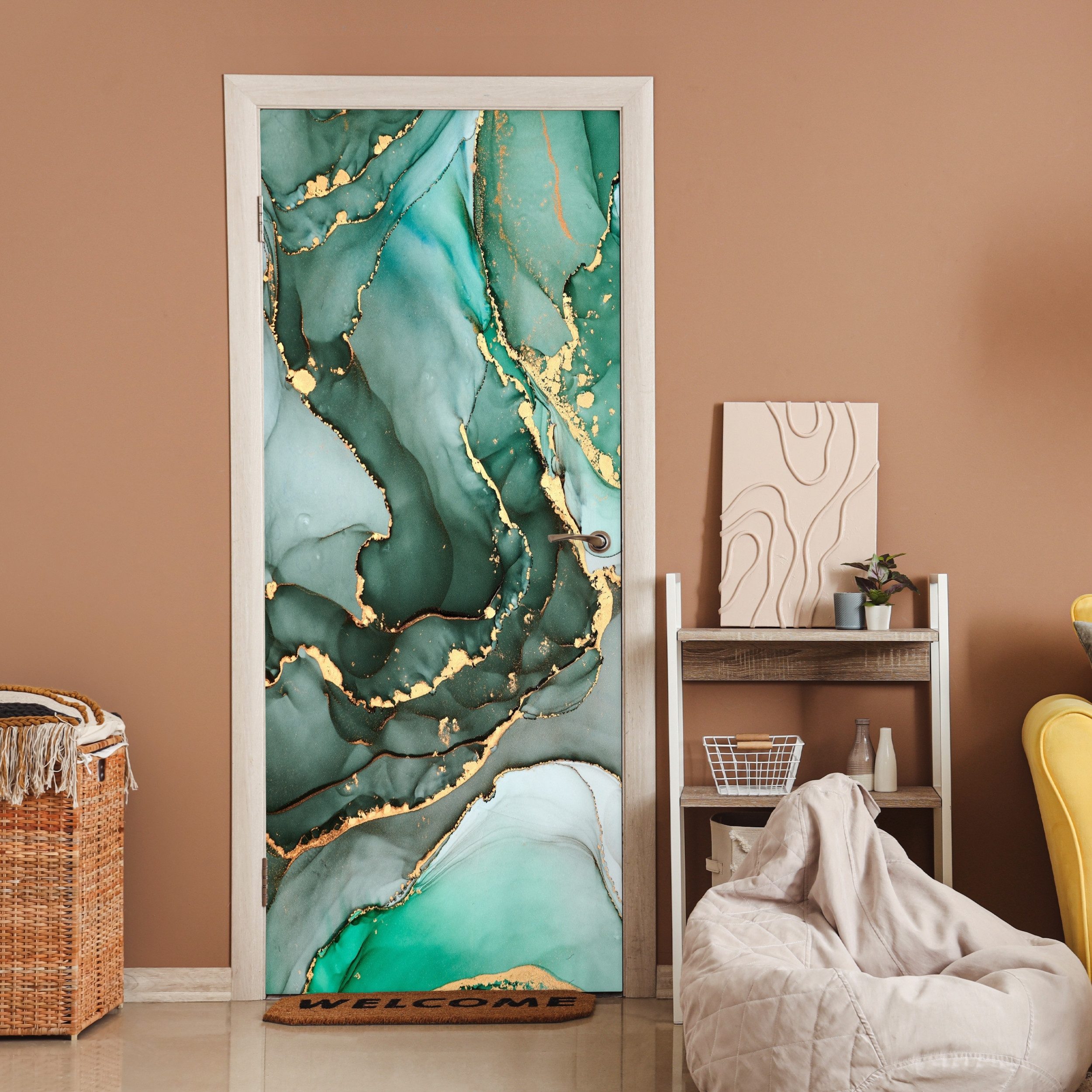 MuchoWow Türtapete Gold - Marmor - Grün - Luxus - Marmoroptik - Grau, Matt, bedruckt, (1 St), Selbstklebende Tapete, Folie für Möbel, 75x205 cm