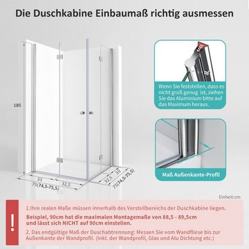 Boromal Eckdusche Duschkabine Eckeinstieg Falttür 185/195H Duschwand Duschabtrennung, BxT: 75x75 cm, 6mm ESG Glas