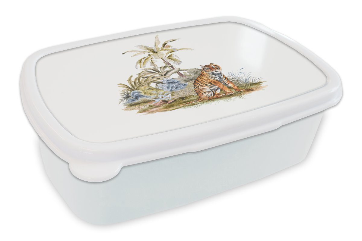 MuchoWow Lunchbox Tiger - Wald - Gemälde, Kunststoff, (2-tlg), Brotbox für Kinder und Erwachsene, Brotdose, für Jungs und Mädchen weiß