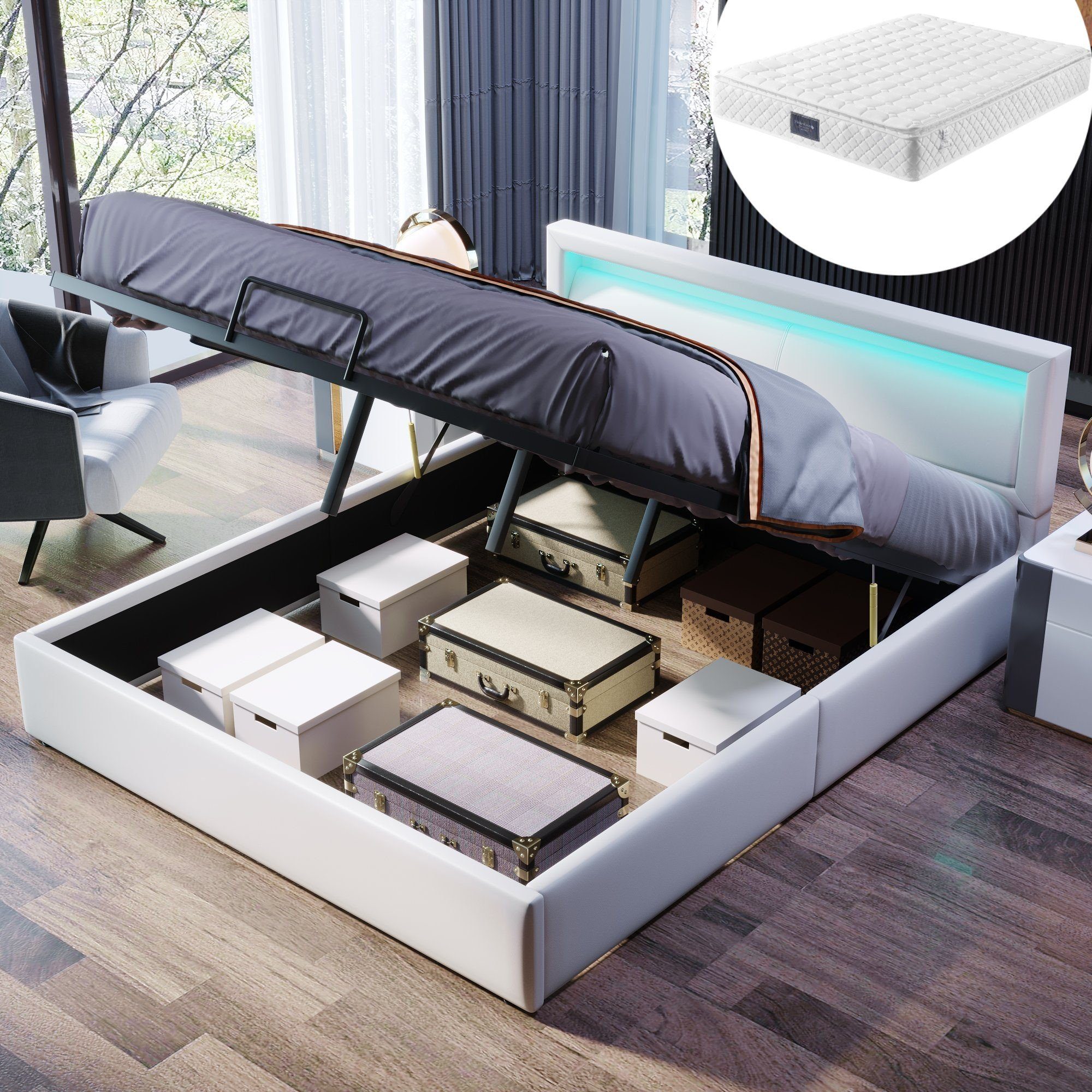 SOFTWEARY Polsterbett mit Lattenrost und LED-Beleuchtung günstig online kaufen
