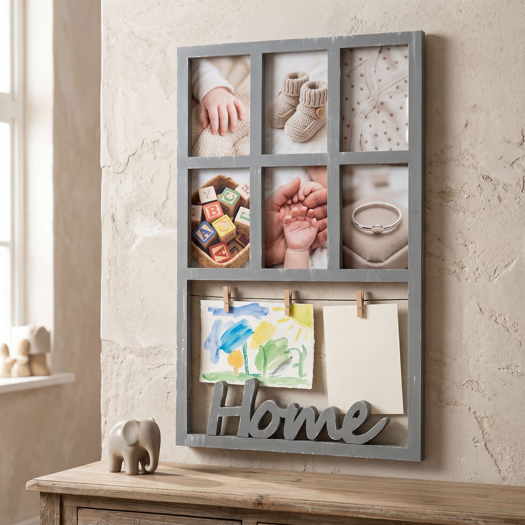 Levandeo® Bilderrahmen Collage, Bilderrahmen H56cm 6 Fotos Grau Home Klammern Shabby Chic Fotorahmen