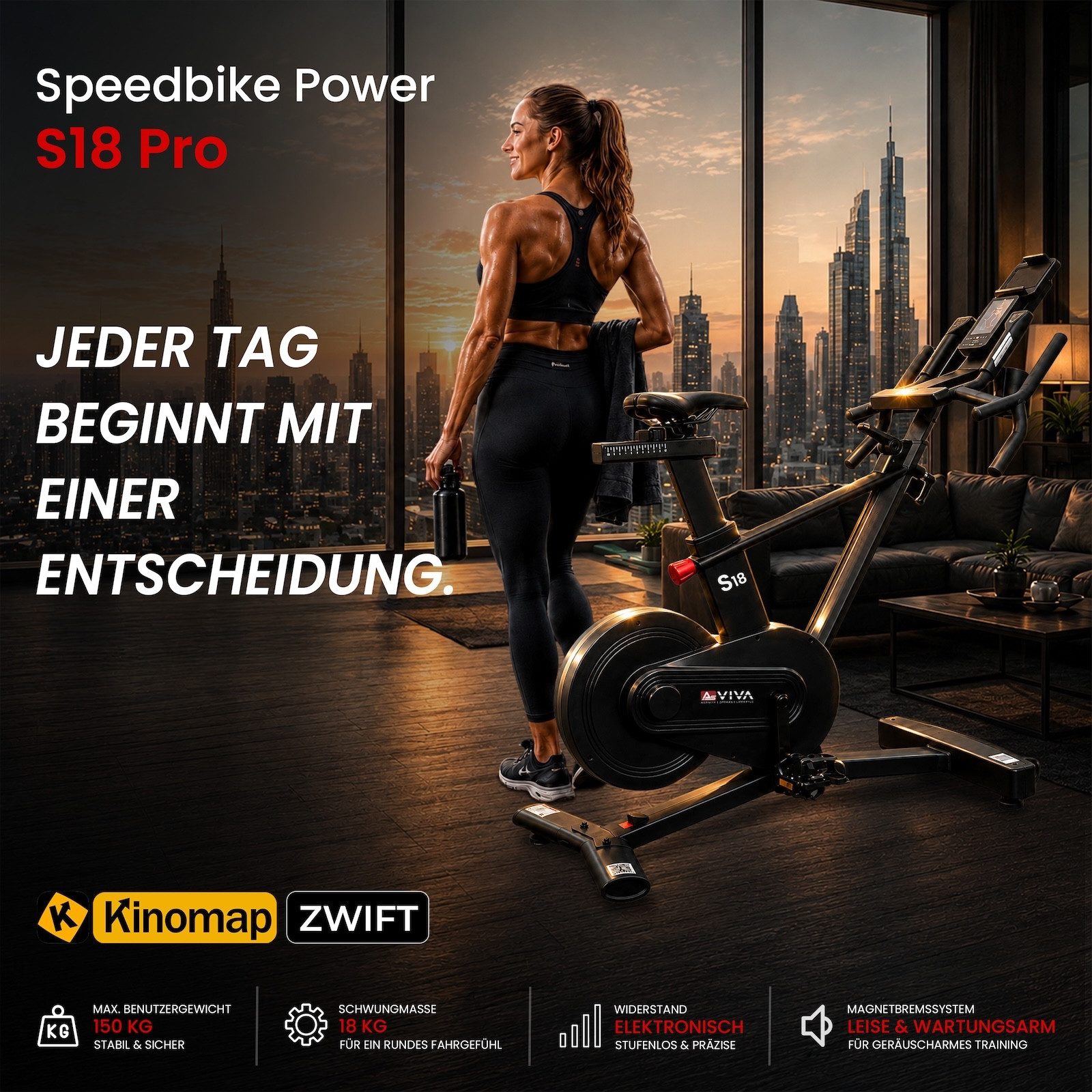 AsVIVA Speedbike – Indoor Cycle mit 24 Gängen & 18 kg Schwungmasse, SPD Klickpedale, leiser Riemenantrieb, App kompatibel, realistisches Fahrgefühl