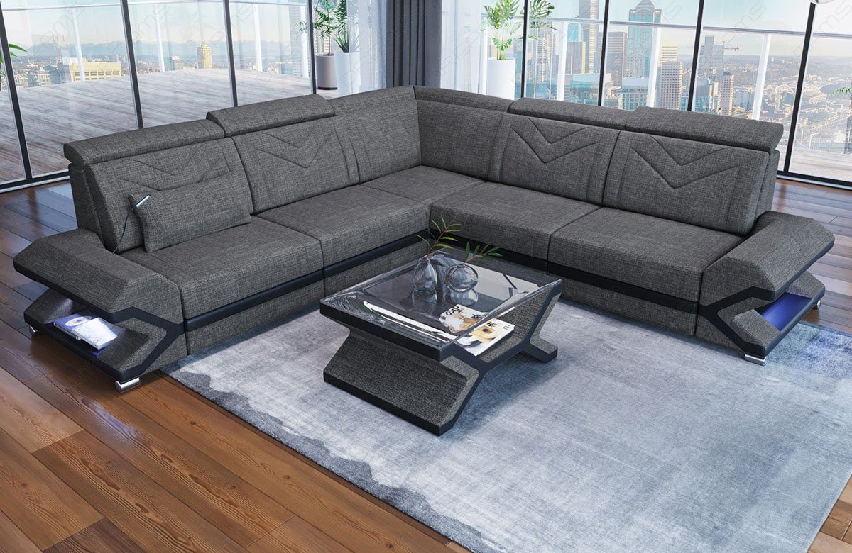 H5 Sorrento Form Stoffsofa mit Polstersofa, L Sofa Couch Dreams LED, Stoff Bettfunktion, ausziehbare Grau-Schwarz Ecksofa Designersofa