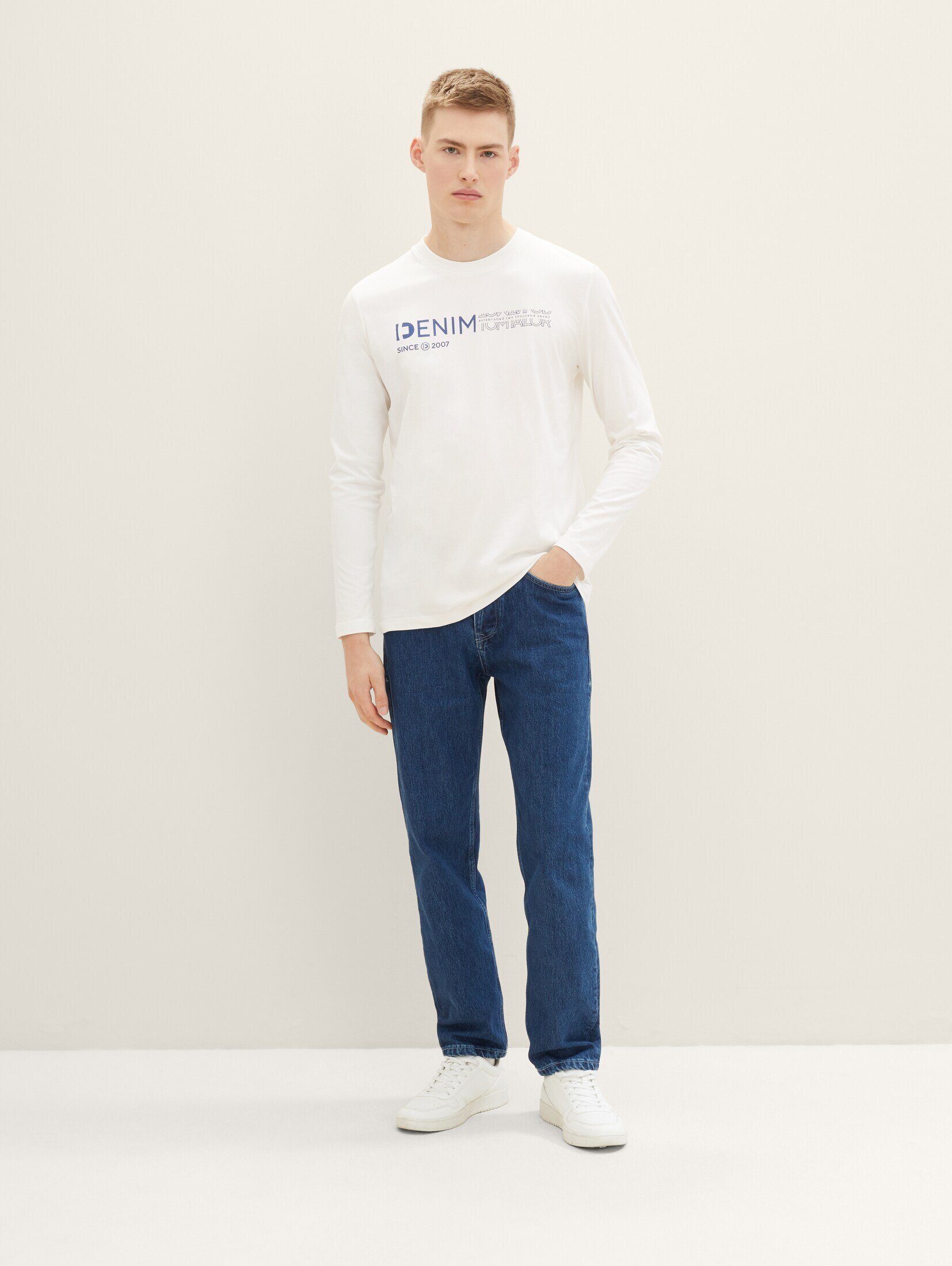 White T-Shirt Print Langarmshirt TOM Denim mit Wool Logo TAILOR