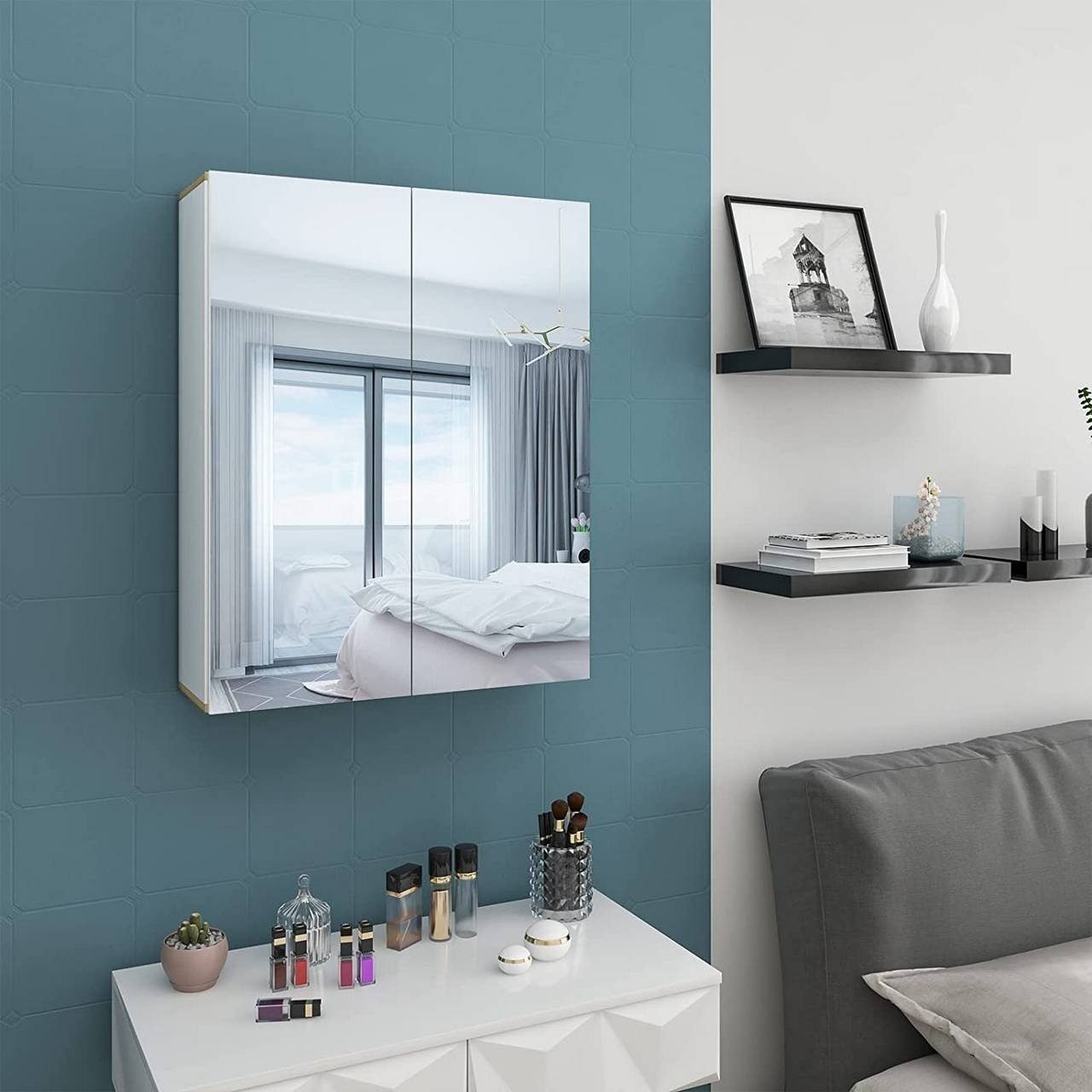 EUGAD Spiegelschrank 60x75x20cm, mit Doppeltür, Eiche (1-St) weiß und helle