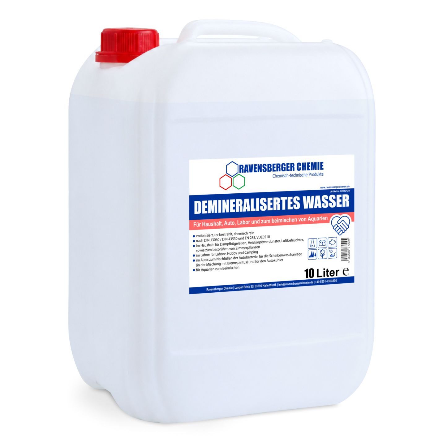 Ravensberger Chemie Bügelwasser VE-Wasser Demineralisiertes Wasser - 10 L, 10 Liter Kanister von Ravensberger Chemie -, kalkfrei für Auto, Batterie, Haushalt, Dampfbügeleisen und Labor