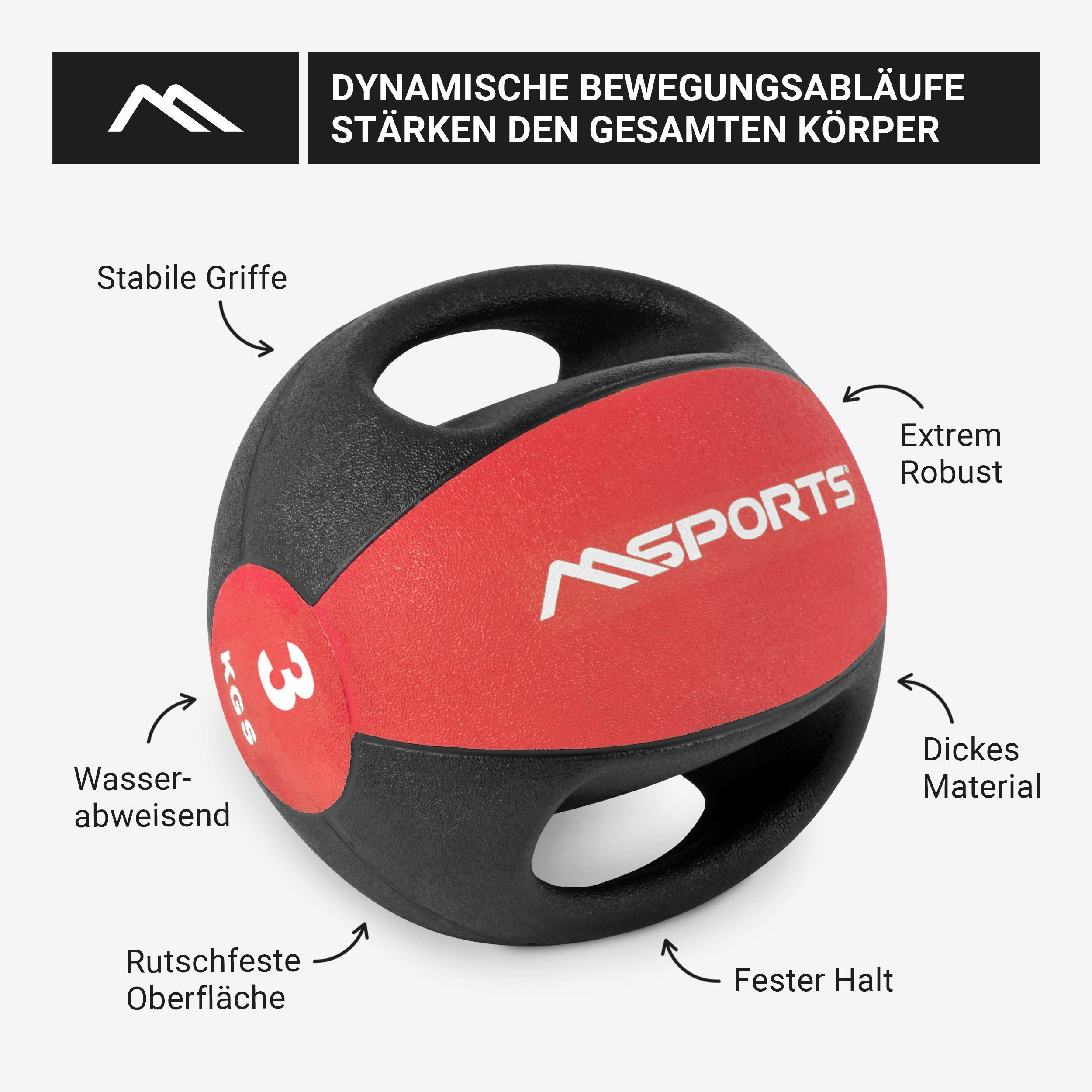 Gymnastikbälle Premium mit kg 1 Professionelle Rot Studio-Qualität 10 - Medizinball kg – MSports® 3 – Griffe Medizinball MSPORTS