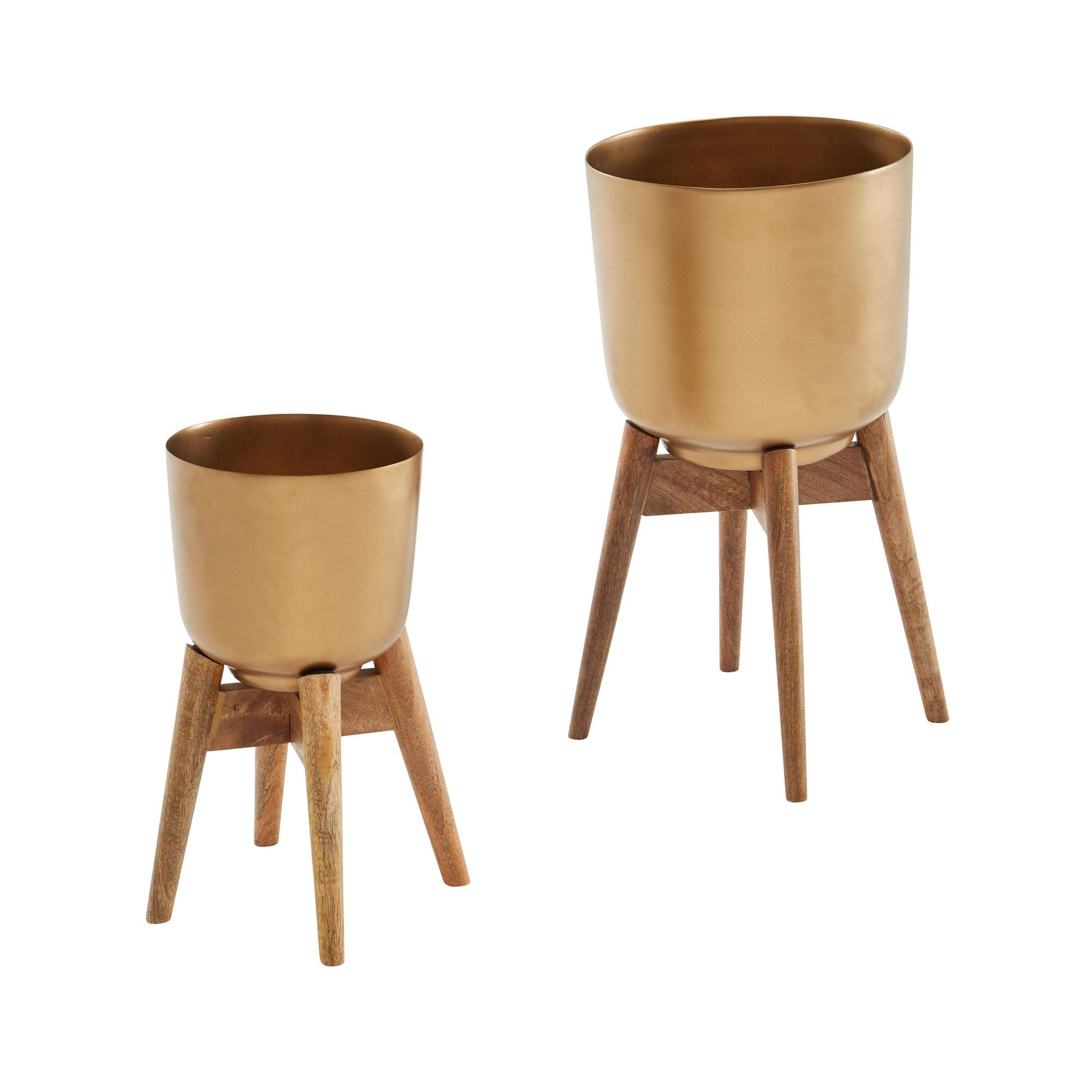 Wohnling Blumentopf WL6.631 2er Set Metall Holz Pflanzenkübel Gold Rund Pflanzgefäß (Blumentopf 2er Set Metall / Massivholz Gold Rund), Pflanzenkübel 2-teilig, Blumenkübel Pflanzgefäß