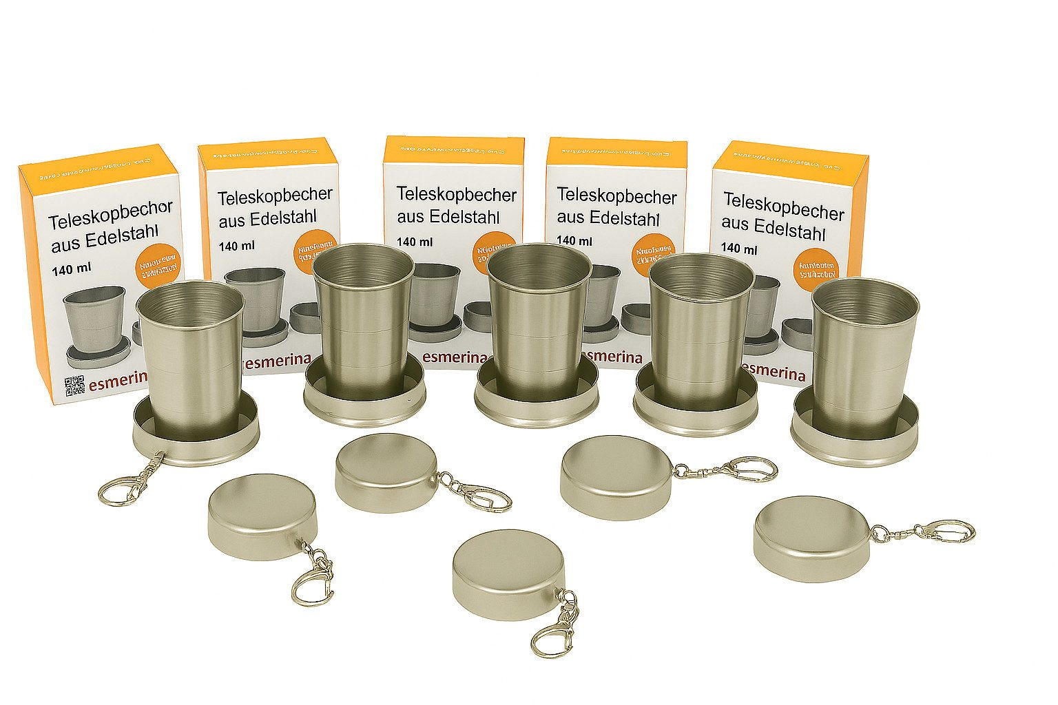 hausleben Becher Teleskopbecher 140ml aus Edelstahl 5 tlg., 5-tlg., Faltbar mit Deckel & Karabiner, Rostfrei & Wiederverwendbar