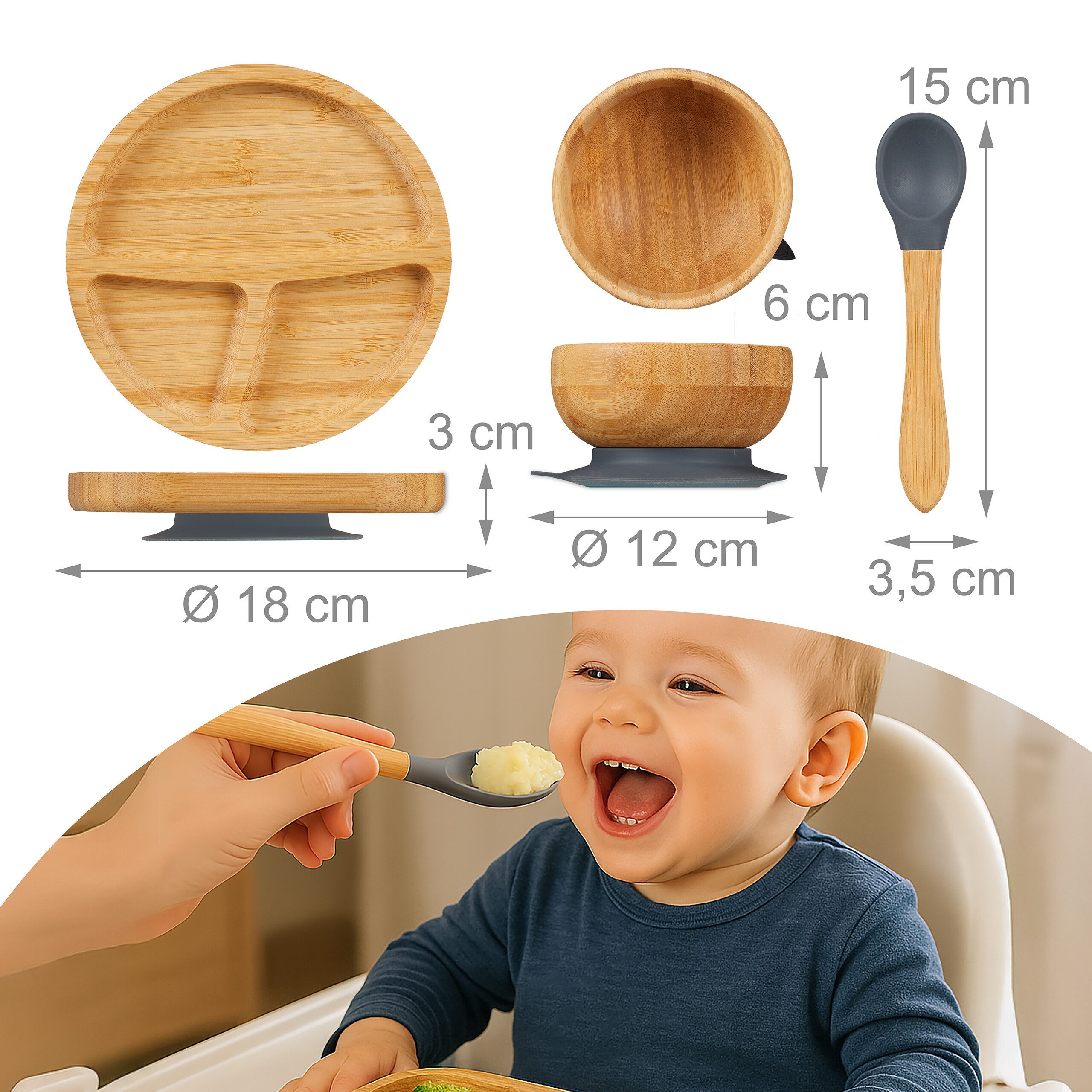 relaxdays Kindergeschirr-Set 3-teiliges Kindergeschirr Bambus (3-tlg), 1 Personen, Bambus, grau