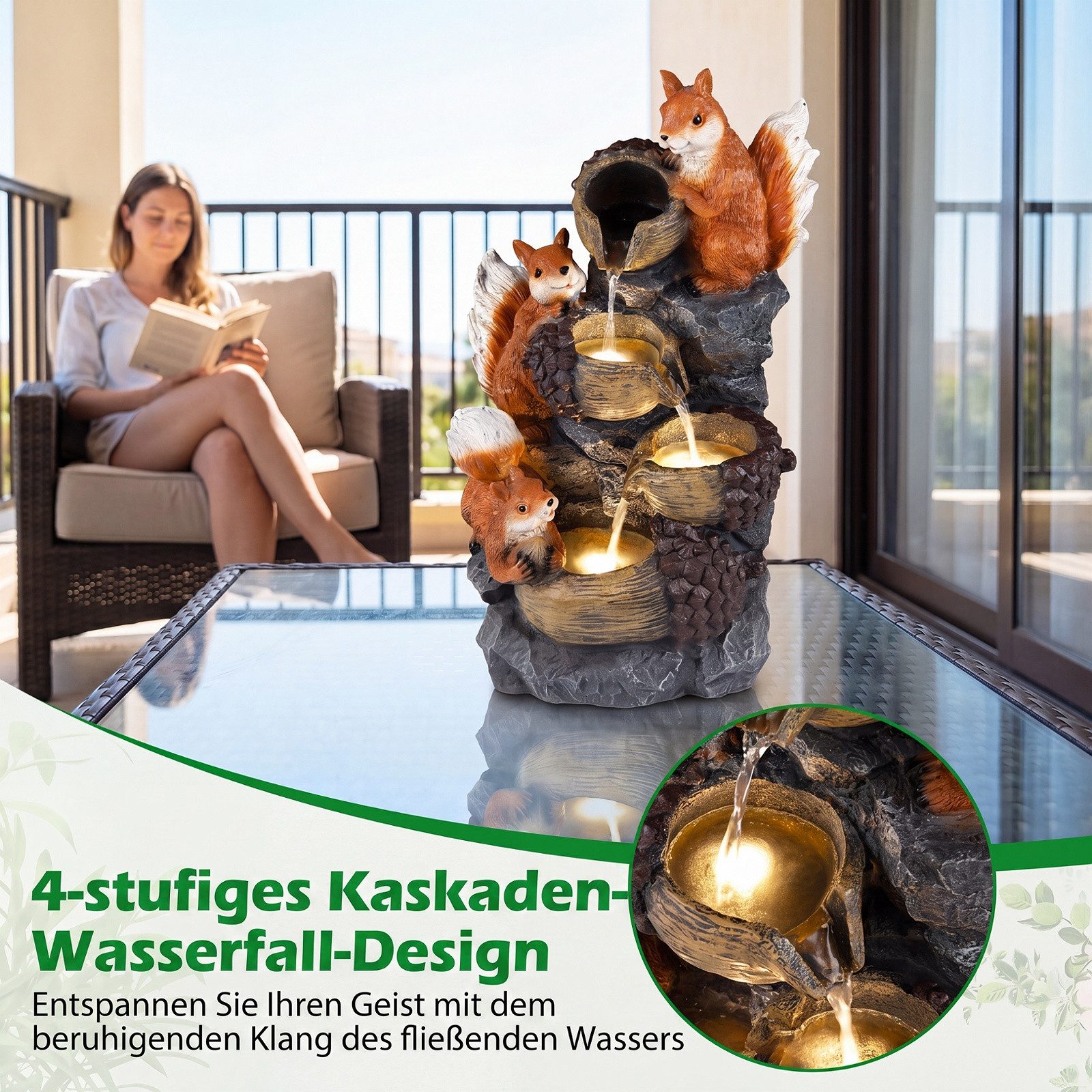 COSTWAY Zimmerbrunnen, Mit LED Beleuchtung, Steinoptik & Eichhörnchen-Motiv
