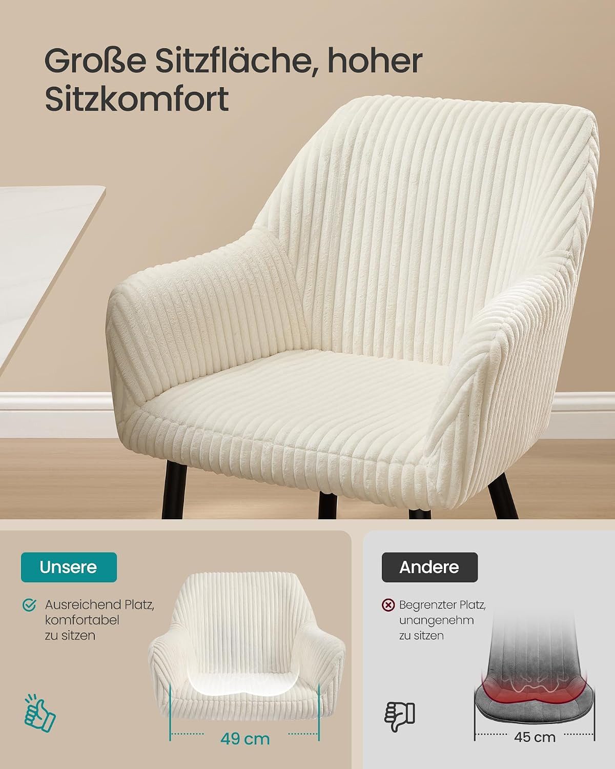 SONGMICS Esszimmerstuhl Küchenstuhl aus Samt, Polsterstuhl mit Armlehnen, Loungesessel (2 St), Polsterstuhl mit Metallbeine, Samt, für Schminktisch, 2er Set – Bild 2 von 5